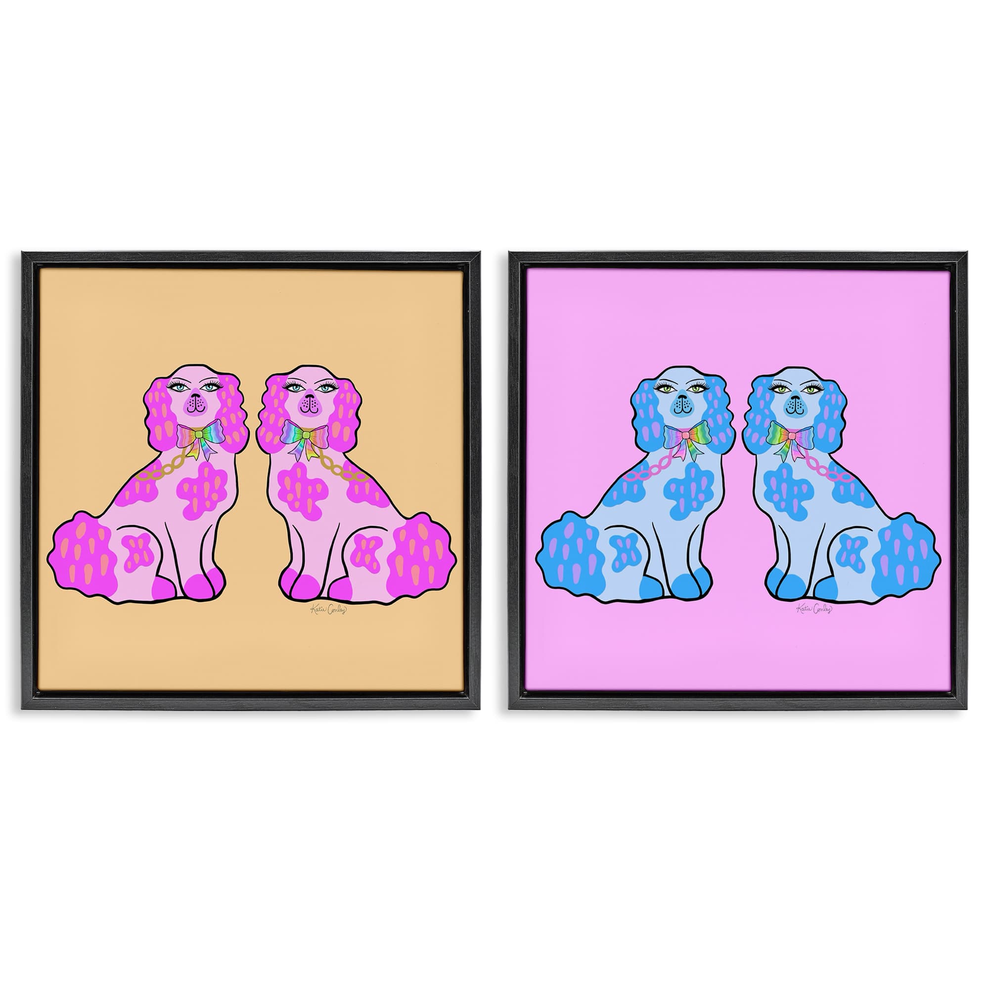 Stupell Industries B2-793-FFB-2PC-24X24 Brightly Colored Posh Pooches 2 Piece Black Framed Floater Canvas Set By Katie Conley 25 x 25