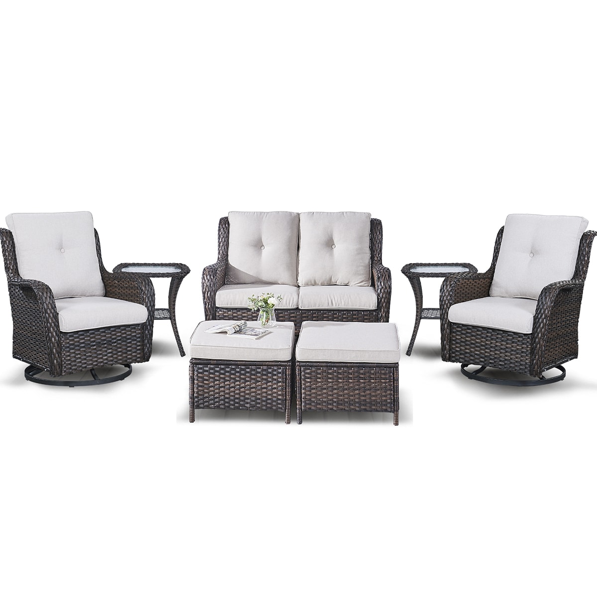 Rilyson FS038025X2023014-2 7 -Piece Wicker Patio Conversation Set with Off-white Cushions