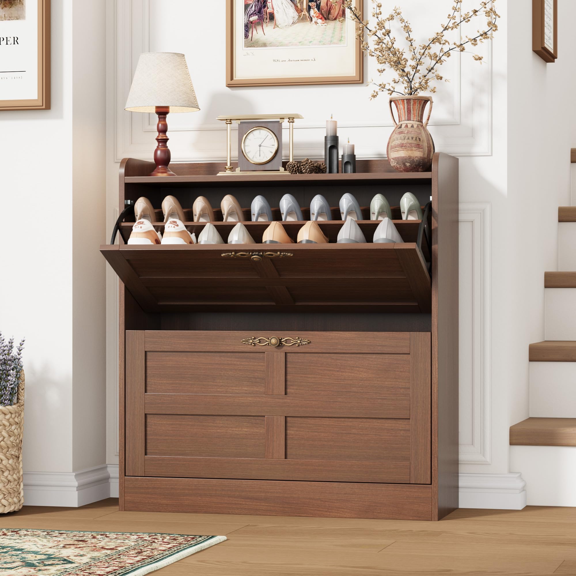 GarveeLife Farmhouse Hidden Shoe Cabinet/2 Flip Drawers/Adjustable Detachable Shelves/Cross Molding Door/Narrow Wood Grain Storage/Holds 12/20 Pairs/for Entryway Hallway Porch