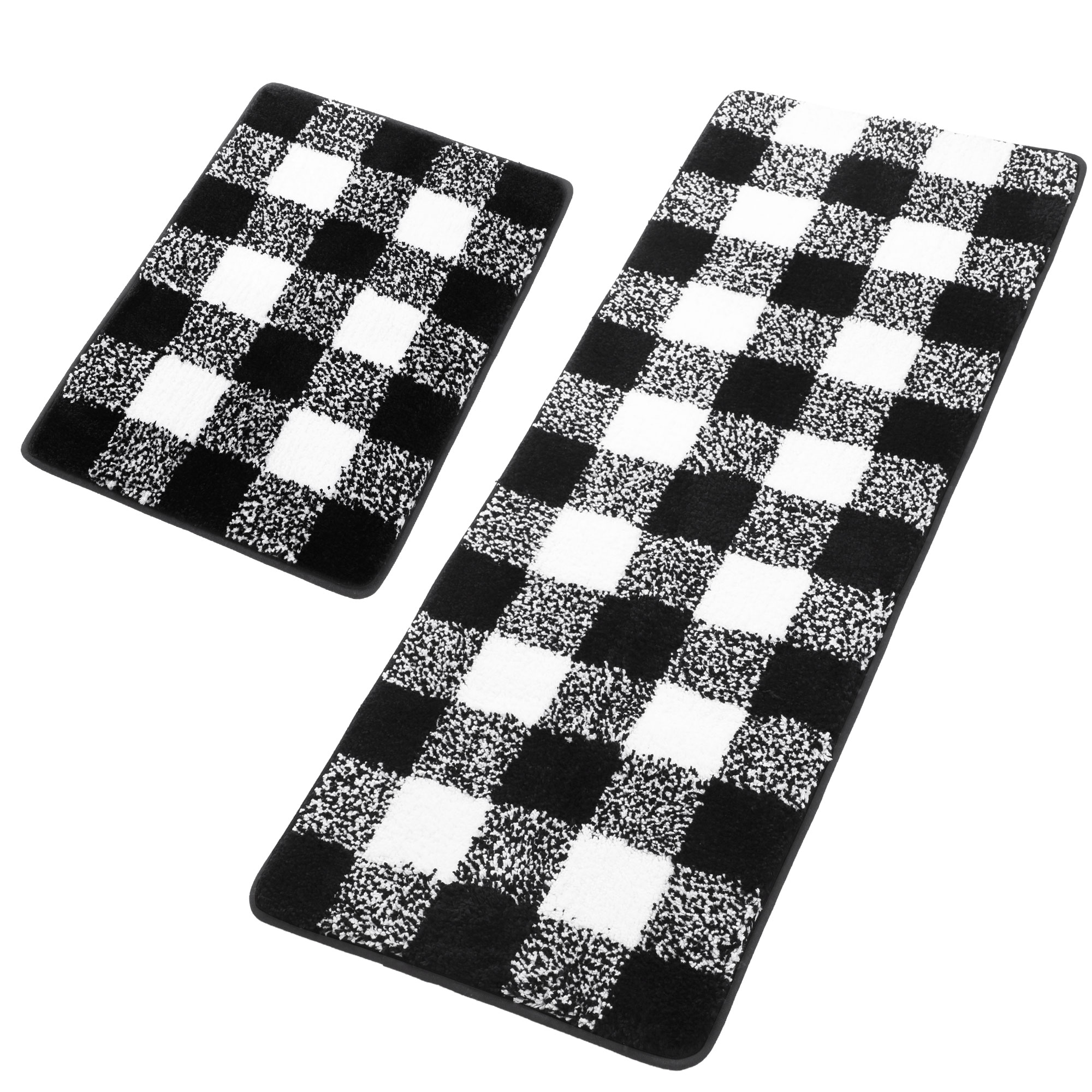 Unique Bargains Microfiber Plaid Pattern Bathroom Rugs 2pcs Extra Soft Fluffy Absorbent Bath Rug Bath Mats for Bathroom Floor Tub Non Slip 17x24inch and 17x47inch Black and White