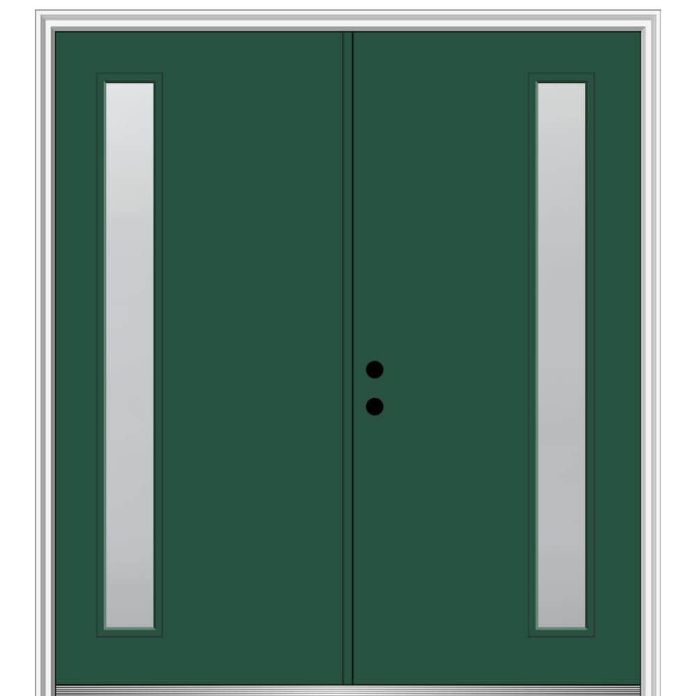 MMI DOOR ZZ350015R Spotlights 60-in x 80-in x 6-9/16-in Fiberglass Pulse lite Right-hand inswing Hunter Green Painted Prehung Double Front Door with Brickmould Insulating core