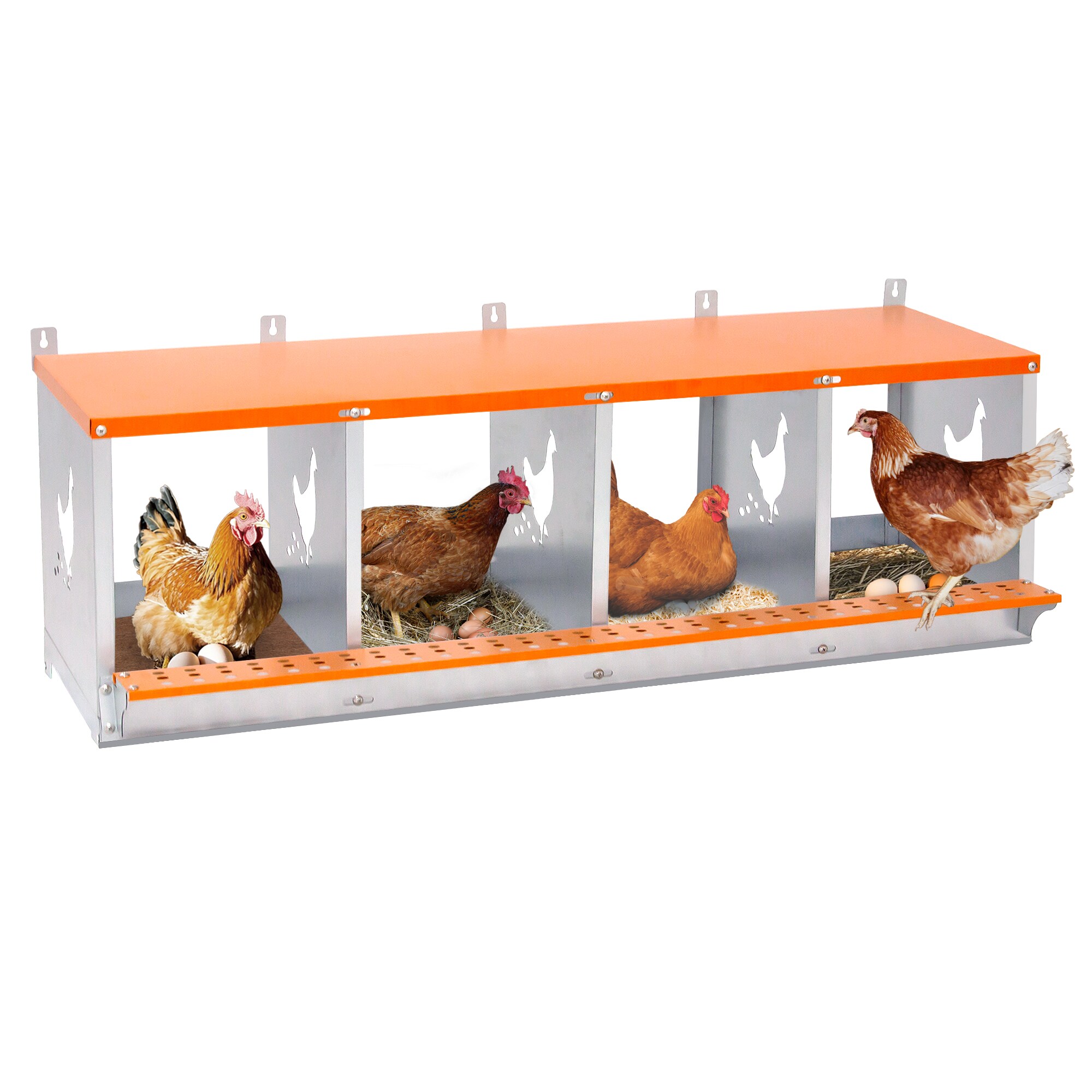 Tatayosi T-2P355409 4-Bay Metal Nest Box-Wall Mount for Hens-Ducks Easy Egg Collection and Assembly Vented Galvanized Steel Coop Equipment Orange