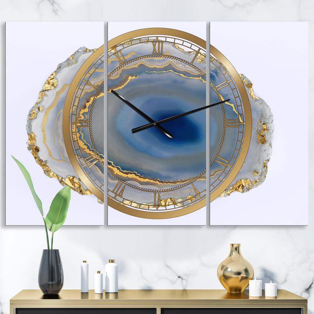 'Golden Water Agate' Blue Metal Rectangle Wall Clock - Oversized Fashion Clock with Roman Numerals - Battery Operated | - Designart CLM25710-3P