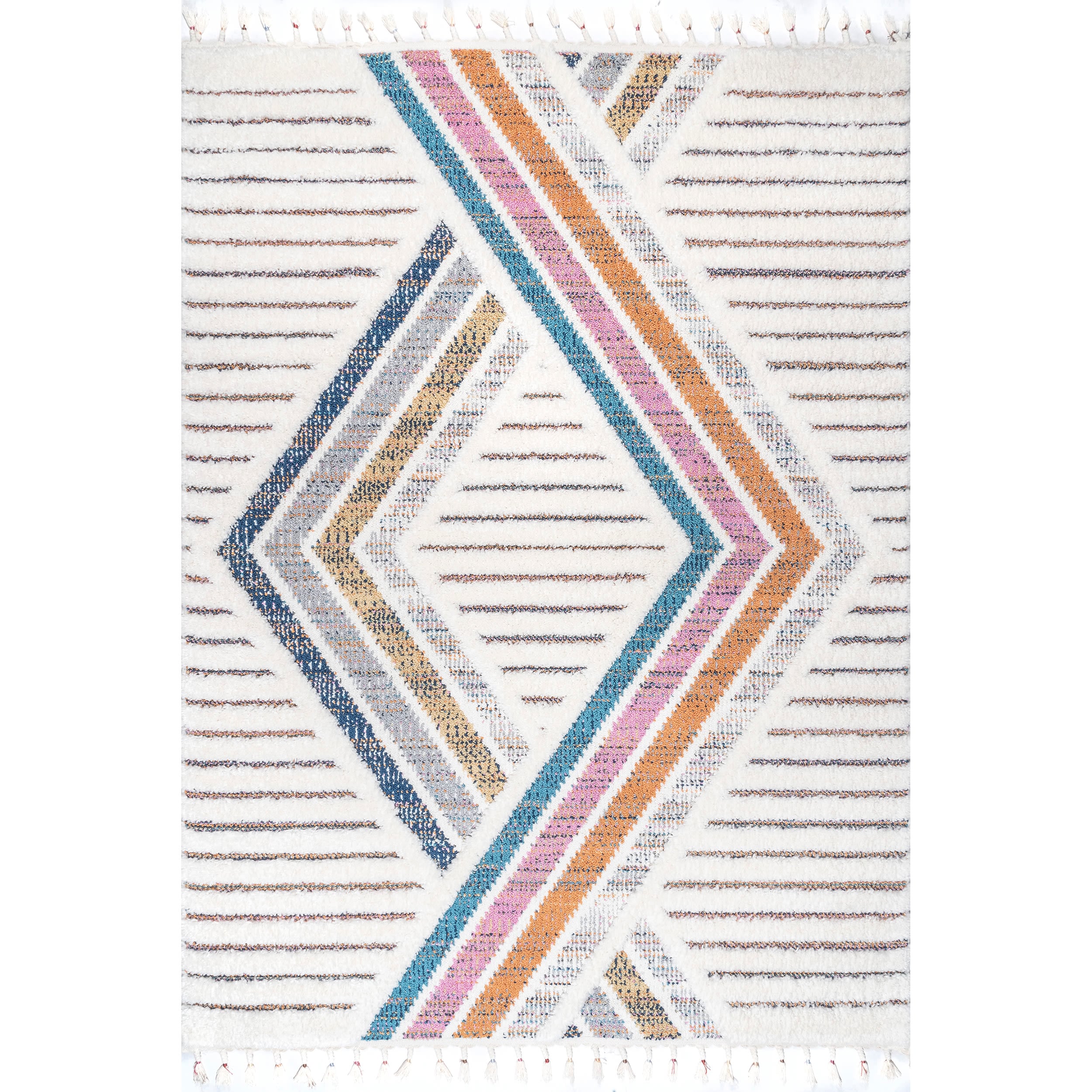 Ivory Geometric Synthetic Rectangular Area Rug with Braided Tassels
