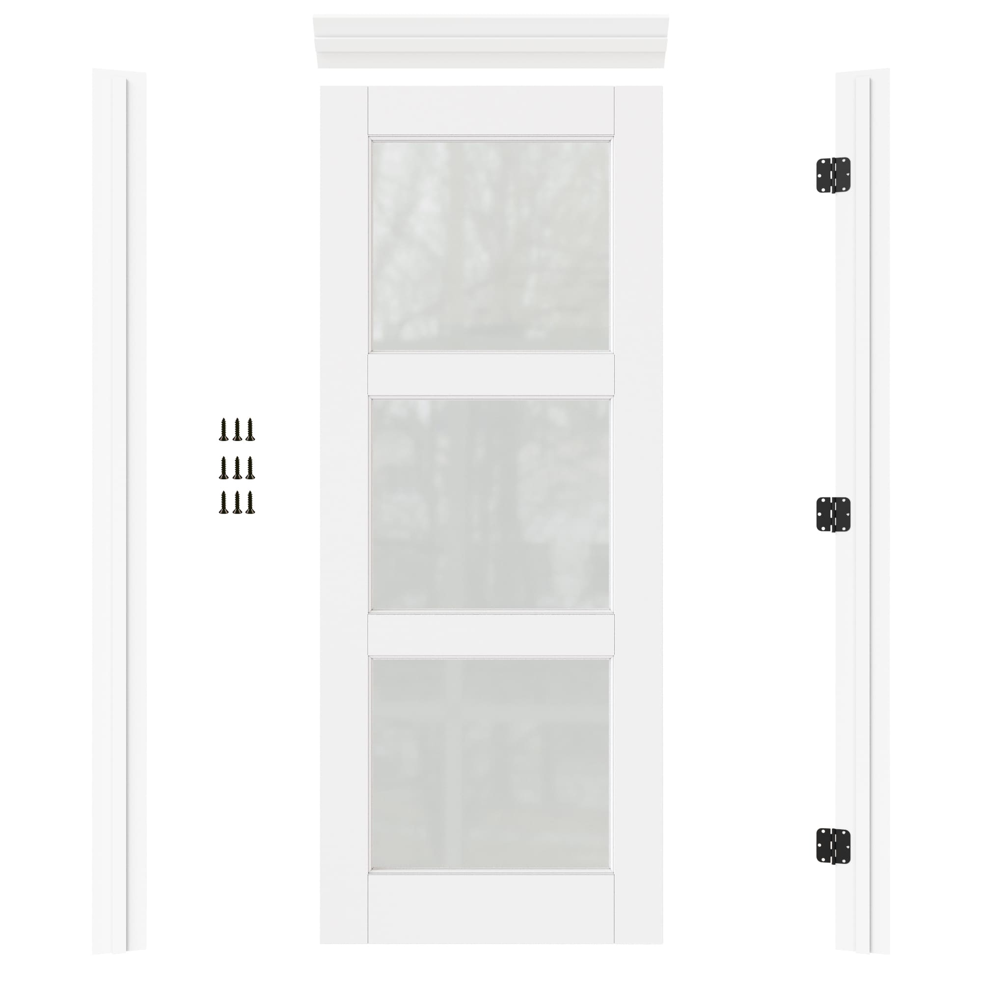Ark Design 3-Lite Solid Core MDF Tempered Frosted Glass and Manufacture Wood White Primed Right hand Interior Prehung Door 30-in x80-in