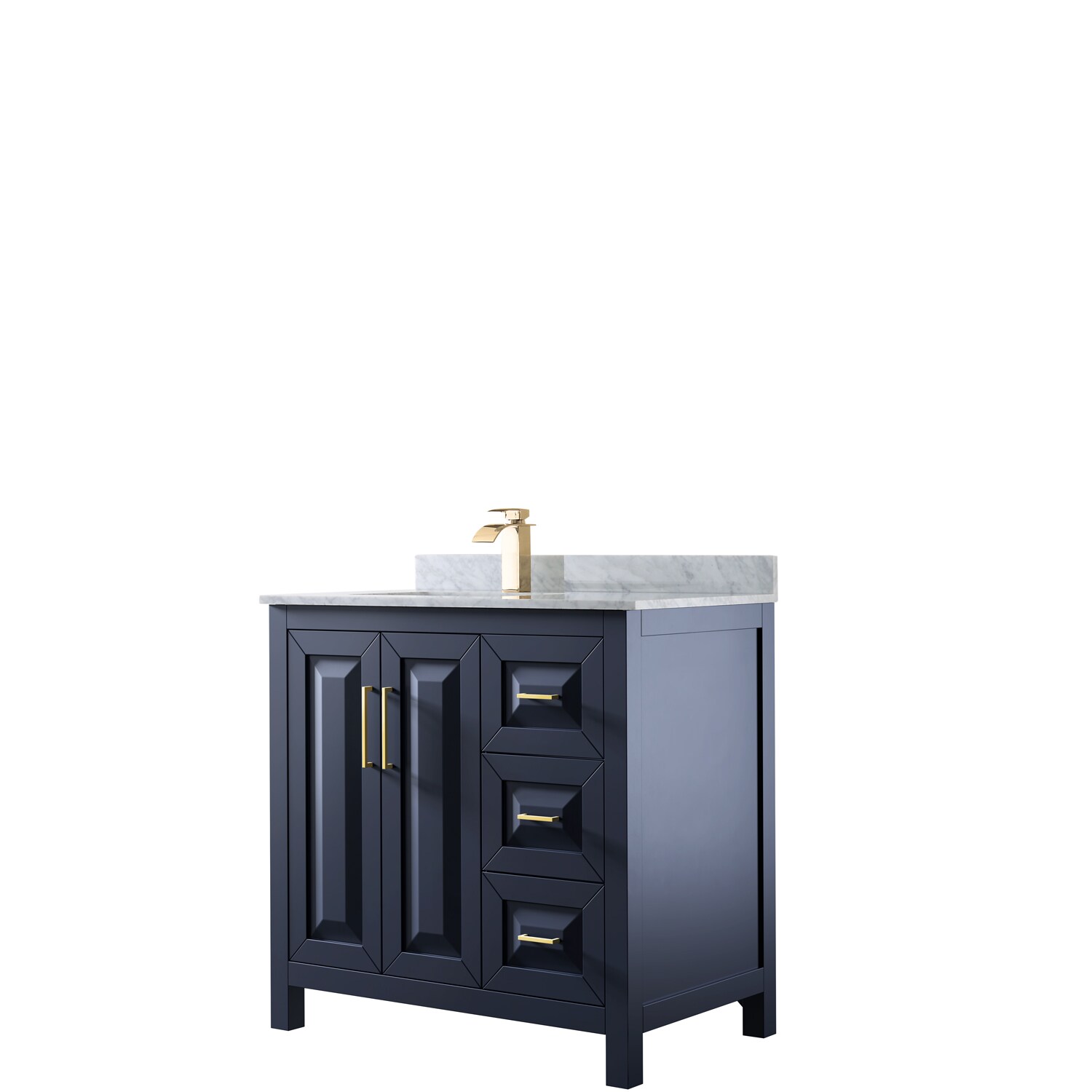 Wyndham Collection WCV252536SBLCMUNSMXX Daria 36-in Dark Blue with Brushed Gold Trim Undermount Single Sink Bathroom Vanity with White Carrara Marble Top