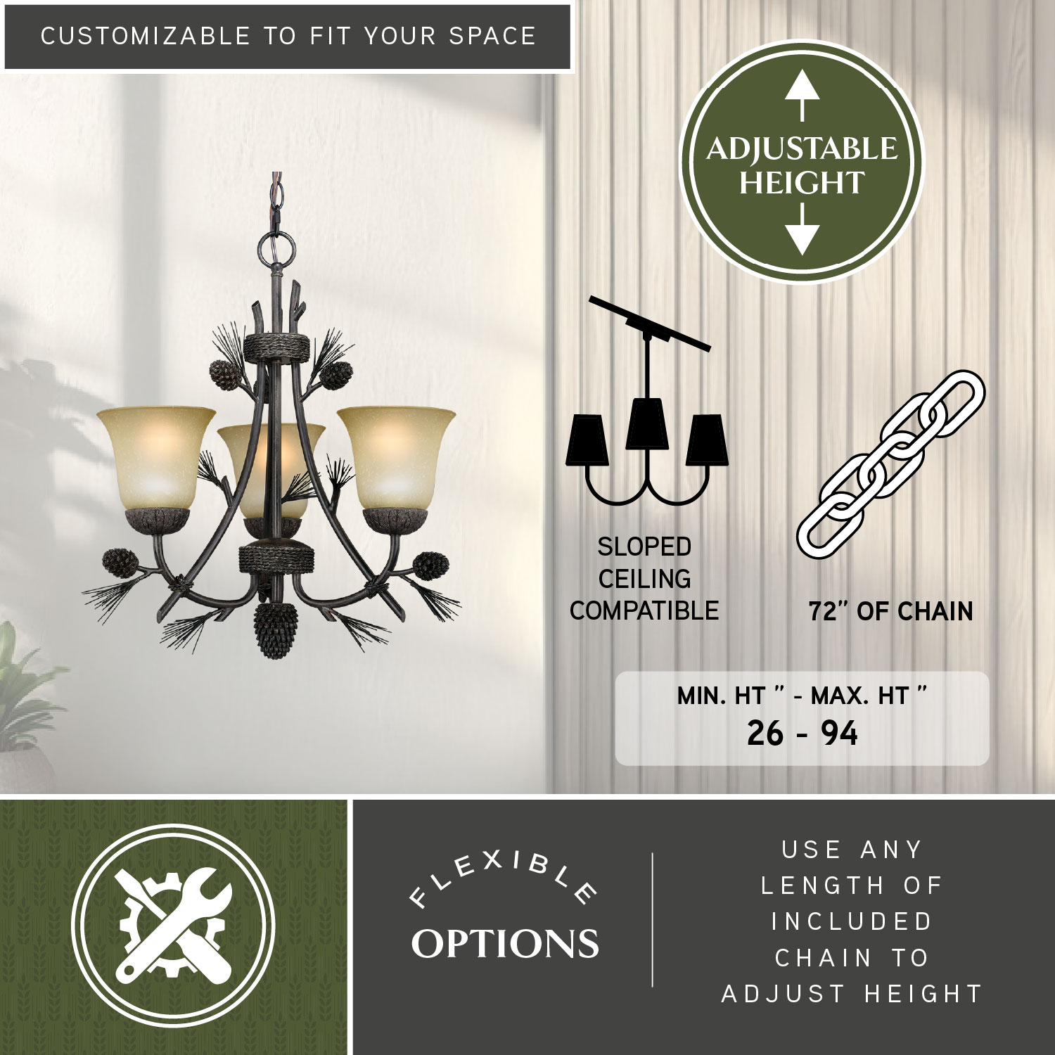 Sierra Mini 3-Light Chandelier in Black Walnut with Frosted Glass