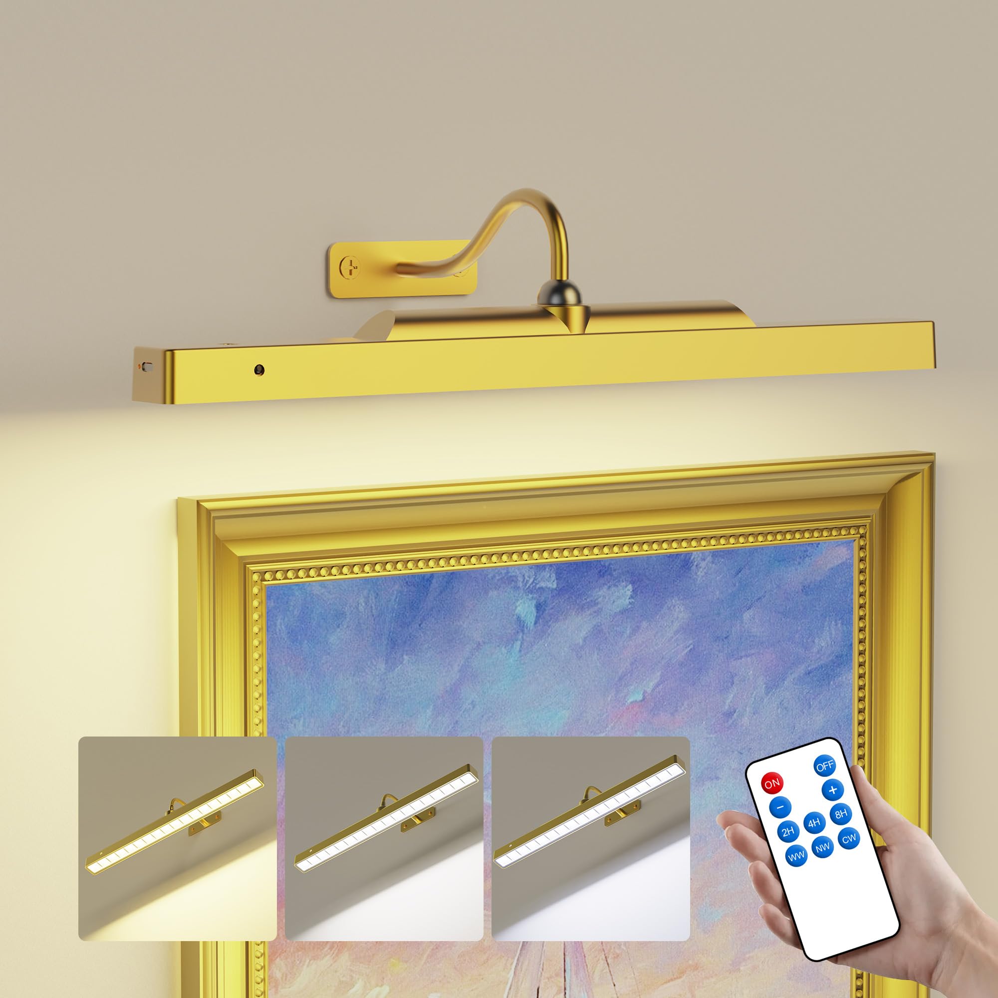 ITOPFOX  Picture Light 16 Inch Gold for Wall Art and Paintings with Remote Control Adjustable Brightness 3 Light Modes for Frame Portrait