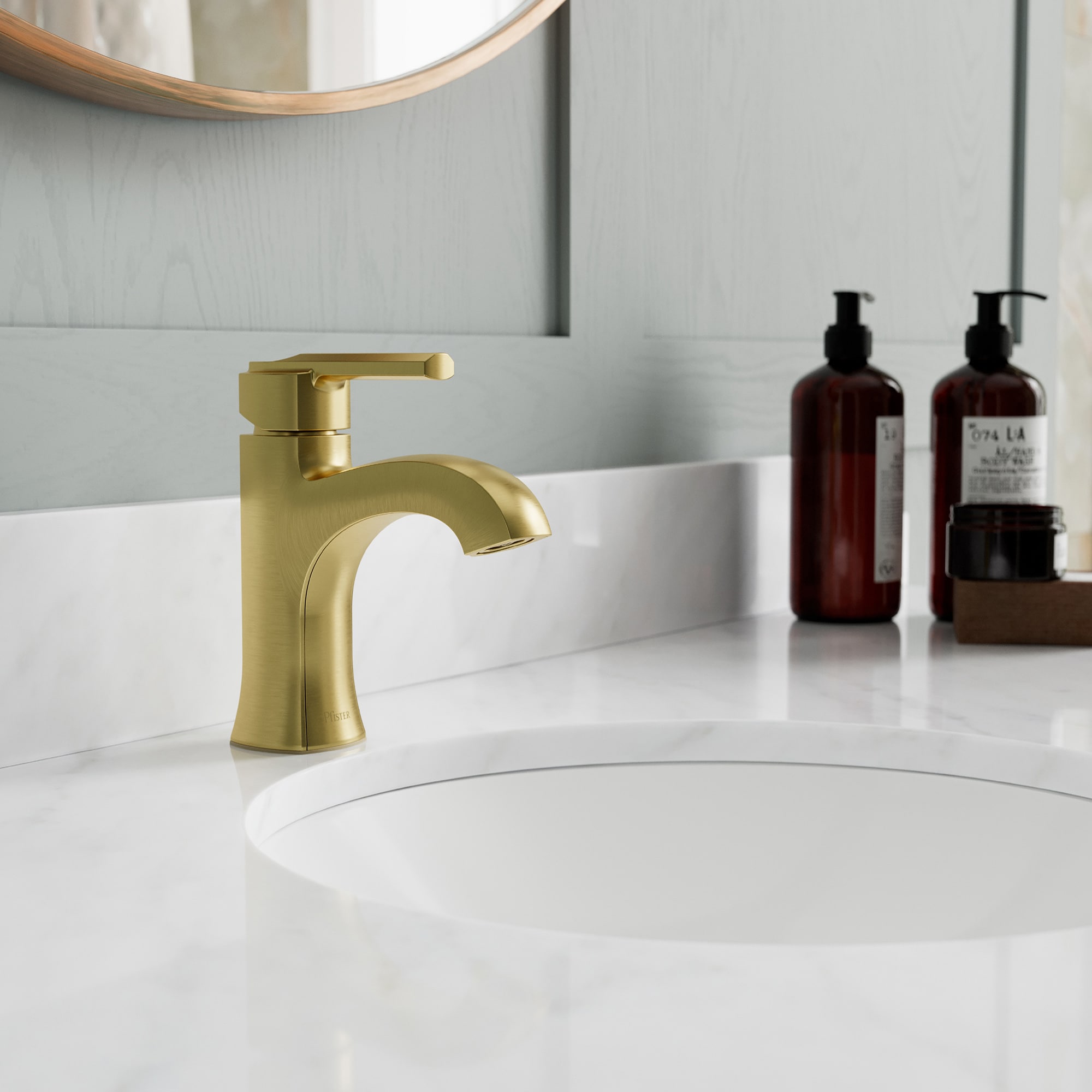 Pfister LF042VRIBG Vaneri Brushed Gold Single hole 1-handle WaterSense High-arc Residential Handle Bathroom Sink Faucet with Drain with Deck Plate