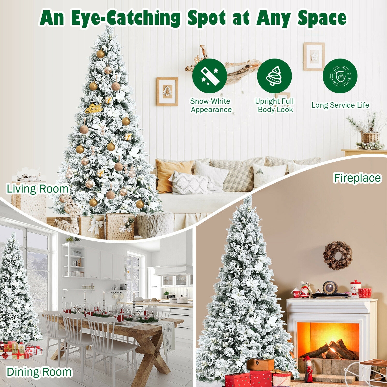 7-Foot Snow Flocked White Artificial Christmas Tree with Berries and Poinsettia Flowers