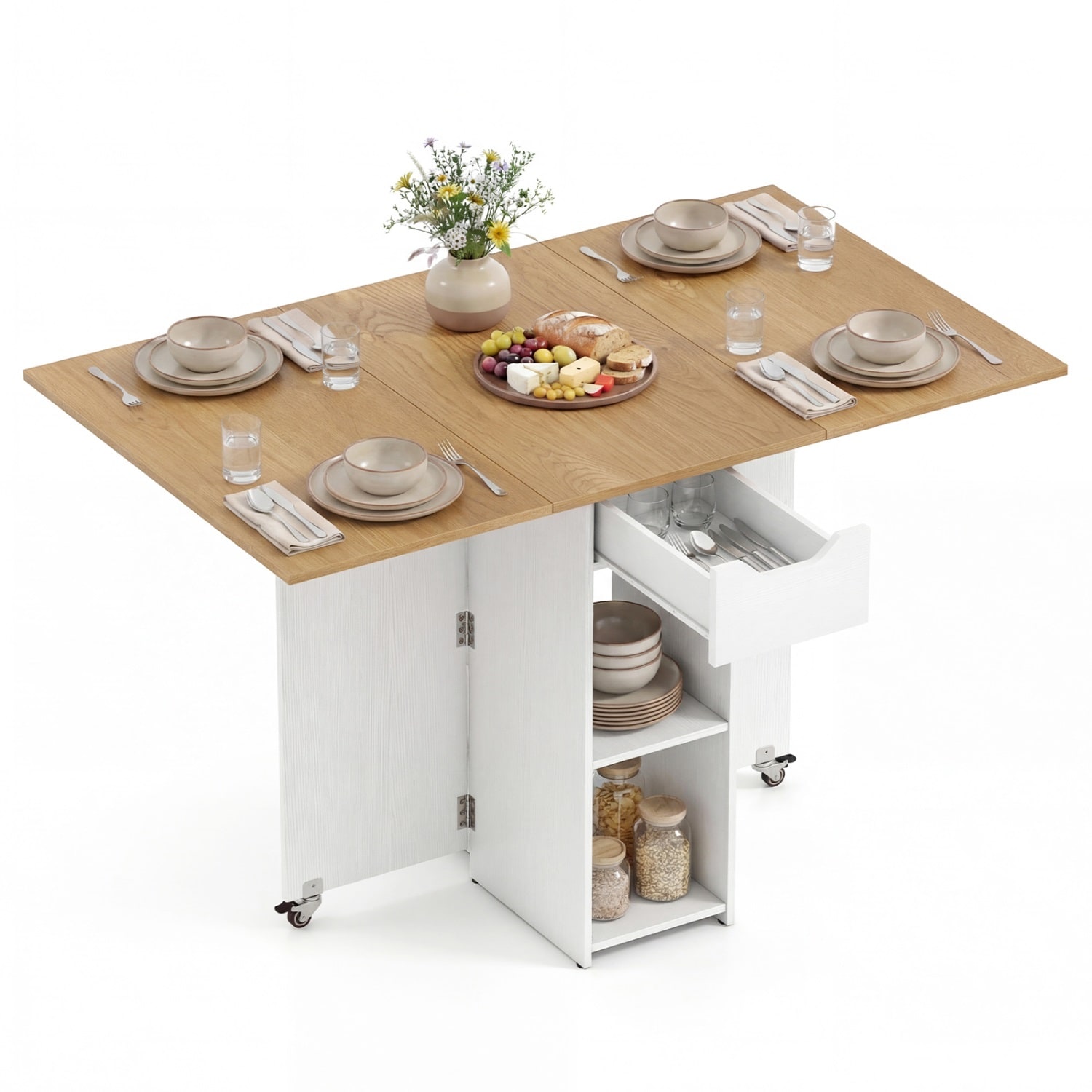 Slickblue Drop Leaf Folding Dining Table with Storage Shelves and Drawer for Kitchen or Dining Room - Available in Different Colors
