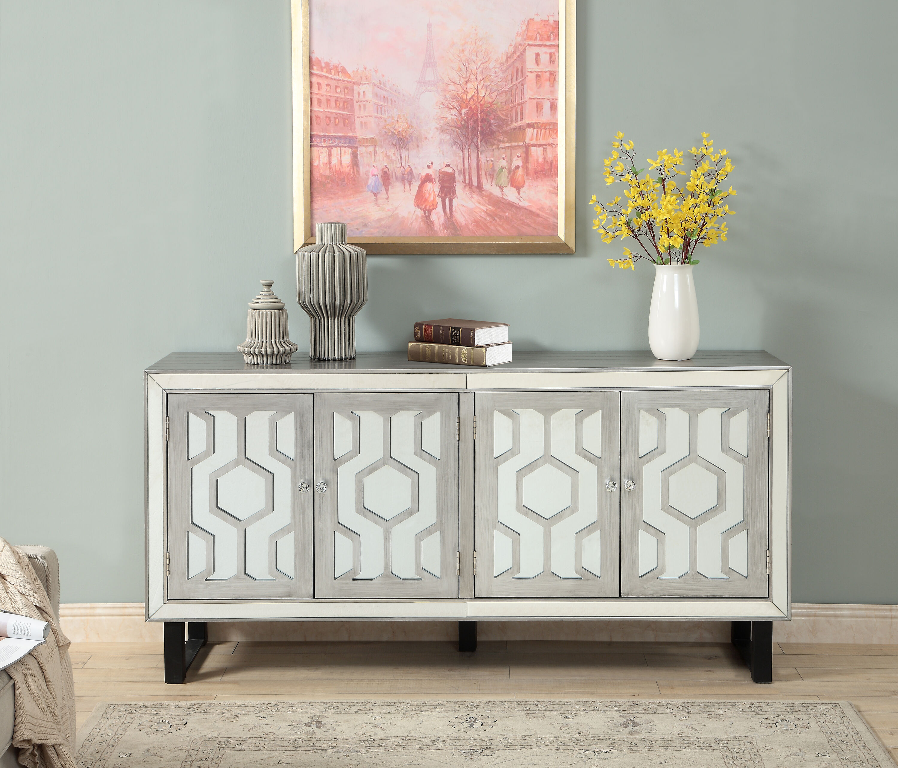 Coast to Coast White Console Table with Geometric Fretwork and Mirrored ...