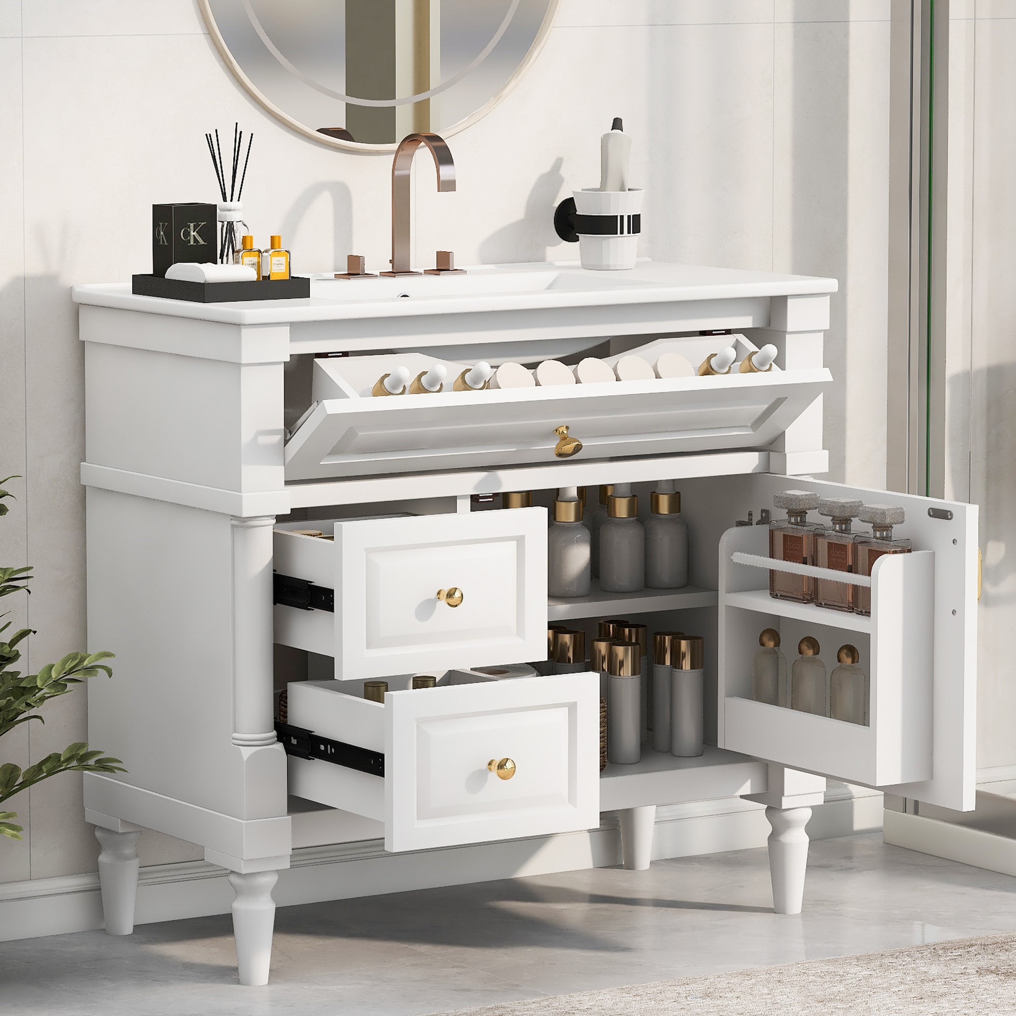 Hrinhom Unassembled 36-in White Undermount Single Sink Bathroom Vanity with White Ceramic Top