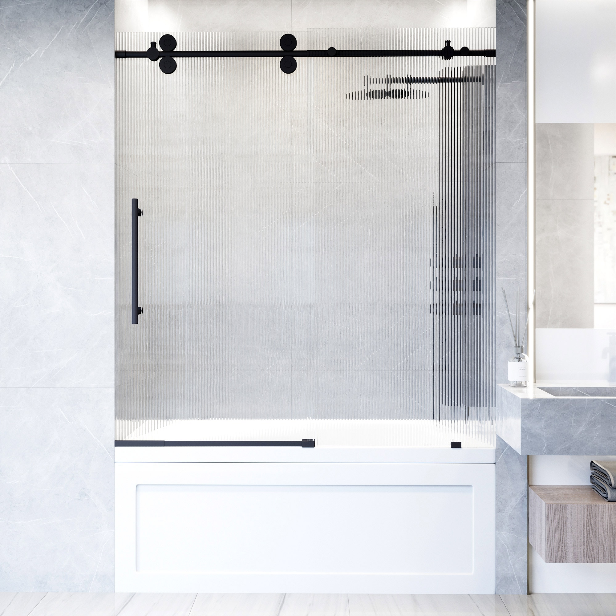 VIGO VG6041MBFL6066L Elan Matte Black 56-in to 60-in W x 66-in H Frameless Sliding Bathtub door