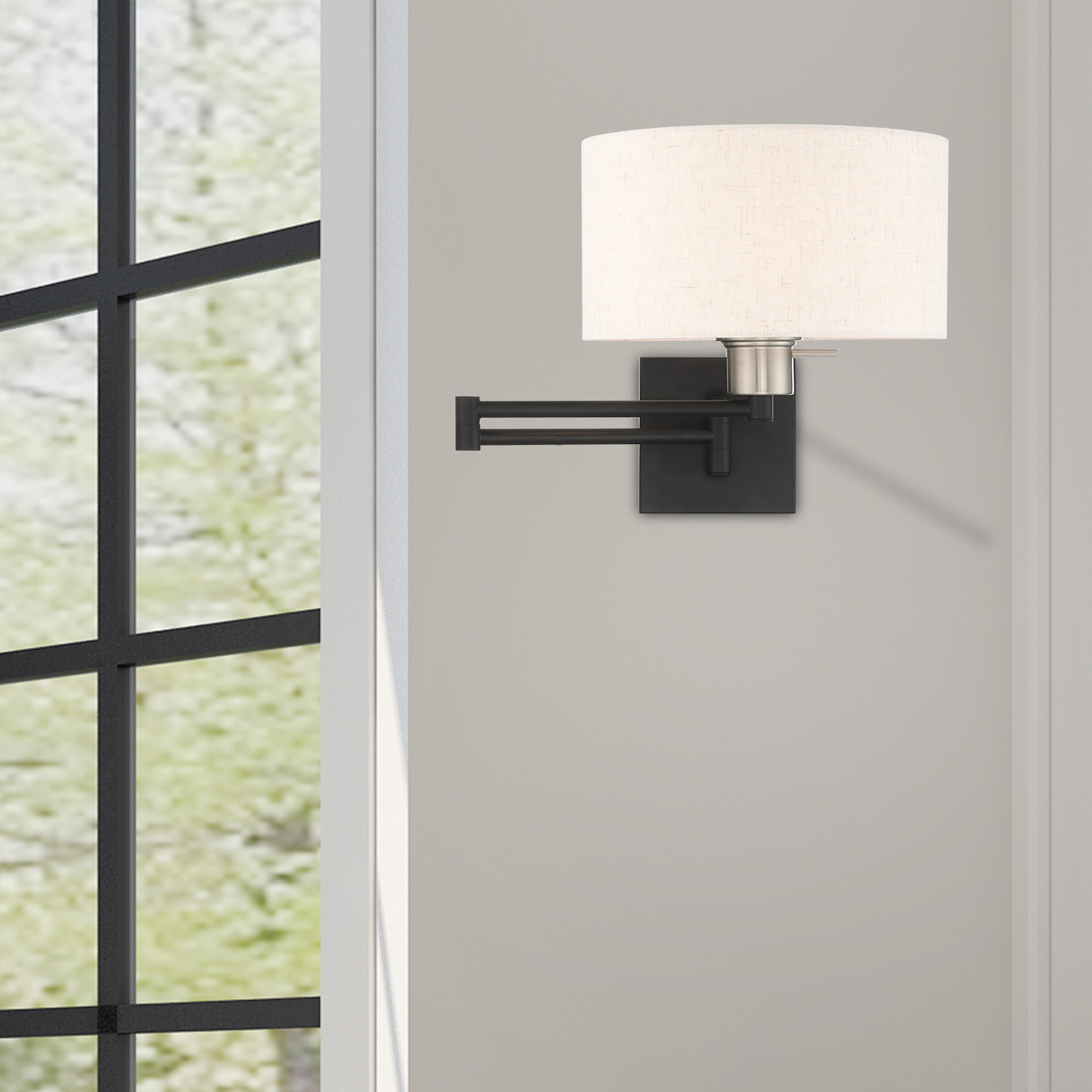 Black Steel Swing Arm Wall Lamp with Oatmeal Fabric Shade
