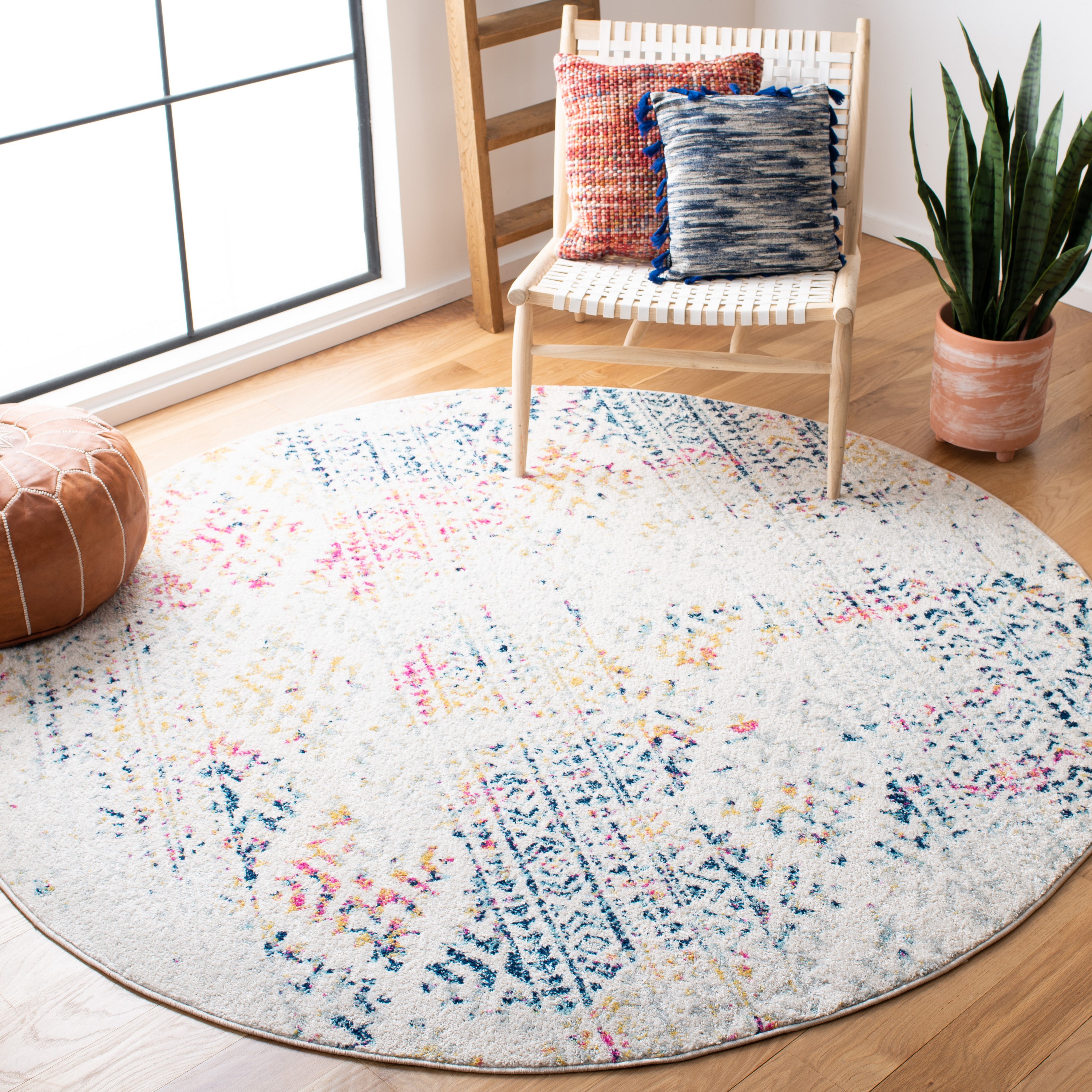 Safavieh TUL272C-9R Tulum Cibola 9 x 9 (ft) Loomed Polypropylene Ivory/Blue Round Indoor Geometric Bohemian/Eclectic Area rug