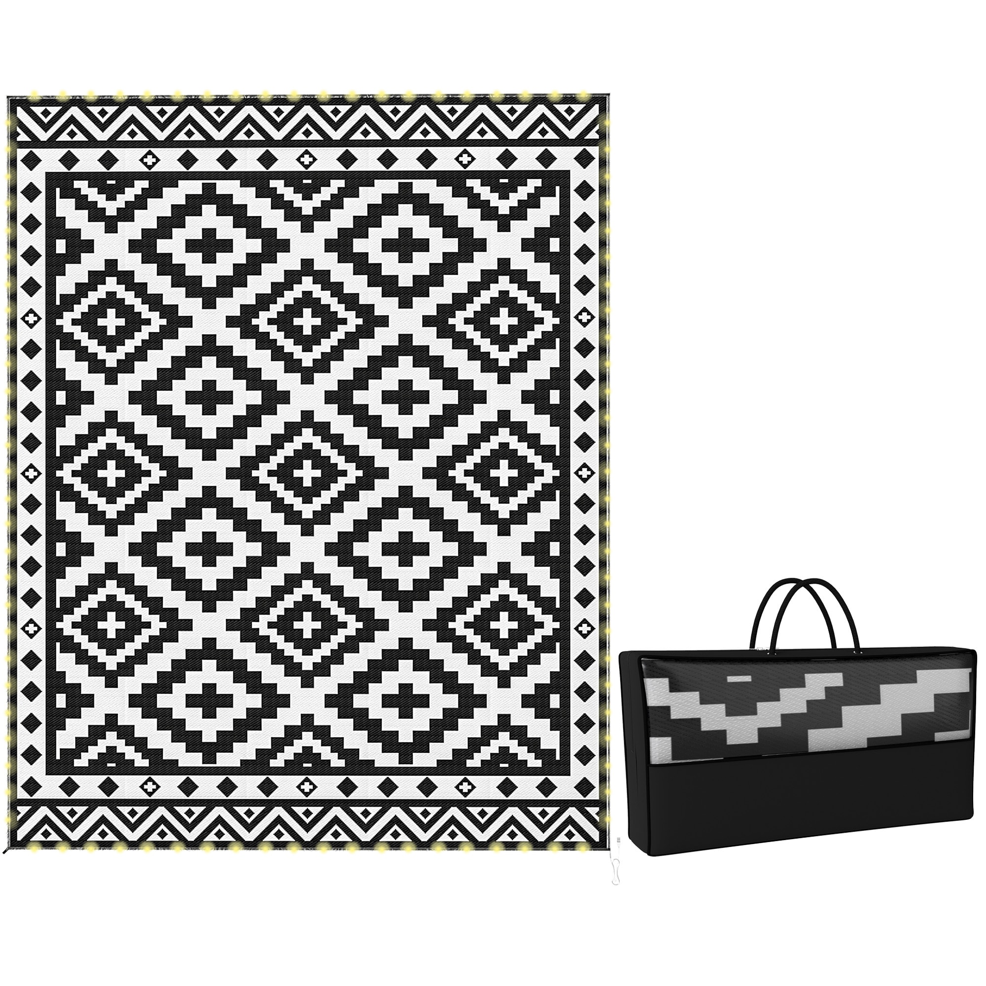Reversible Outdoor Rug Carpet 10ft x 8ft Waterproof PP Plastic Straw Rug Portable RV Camping Mat with LED String Lights Floor Mat Area Black and White