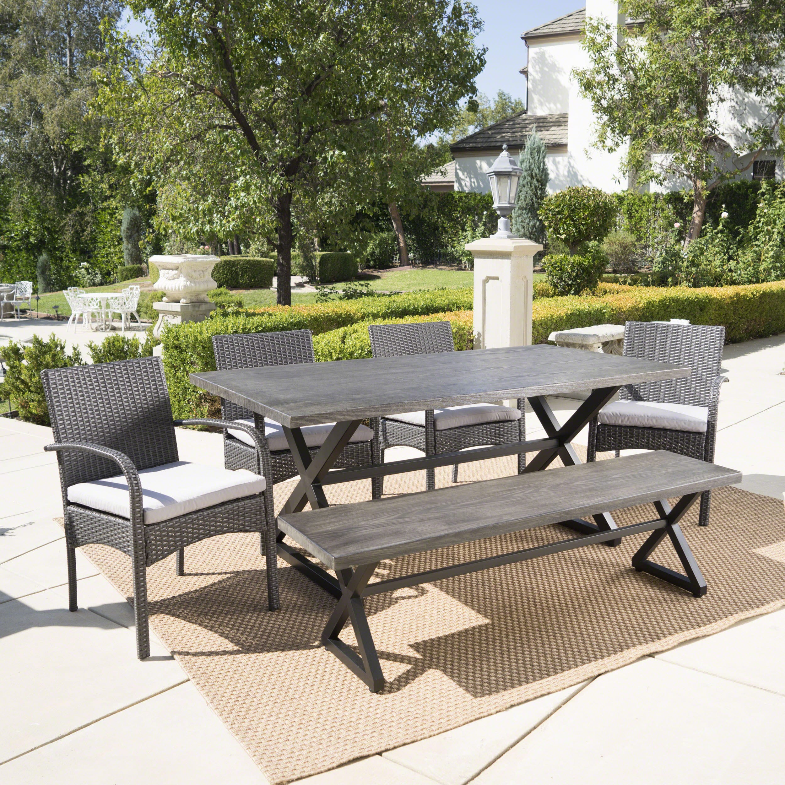 Christopher Knight Home - Palermo Outdoor 6 Piece Grey Aluminum Dining Set with Bench and Grey Wi...