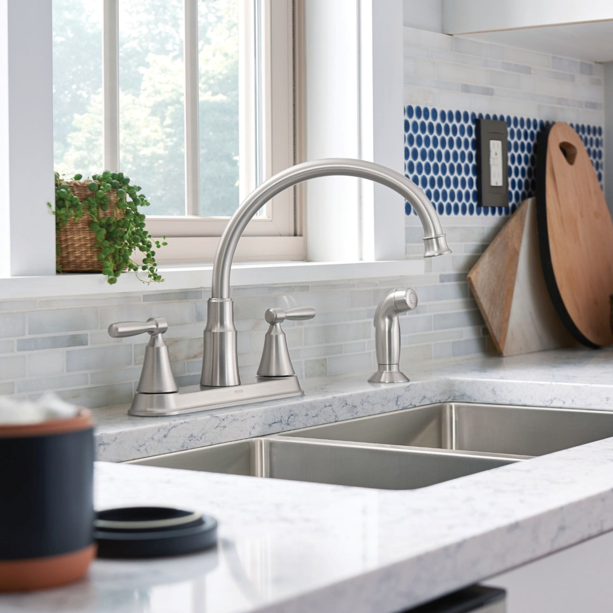 Moen 87048SRS Hutchinson Spot Resist Stainless Double Handle Deck-mount Kitchen Faucet ( Deck Plate Included ) ( Side Sprayer Included )