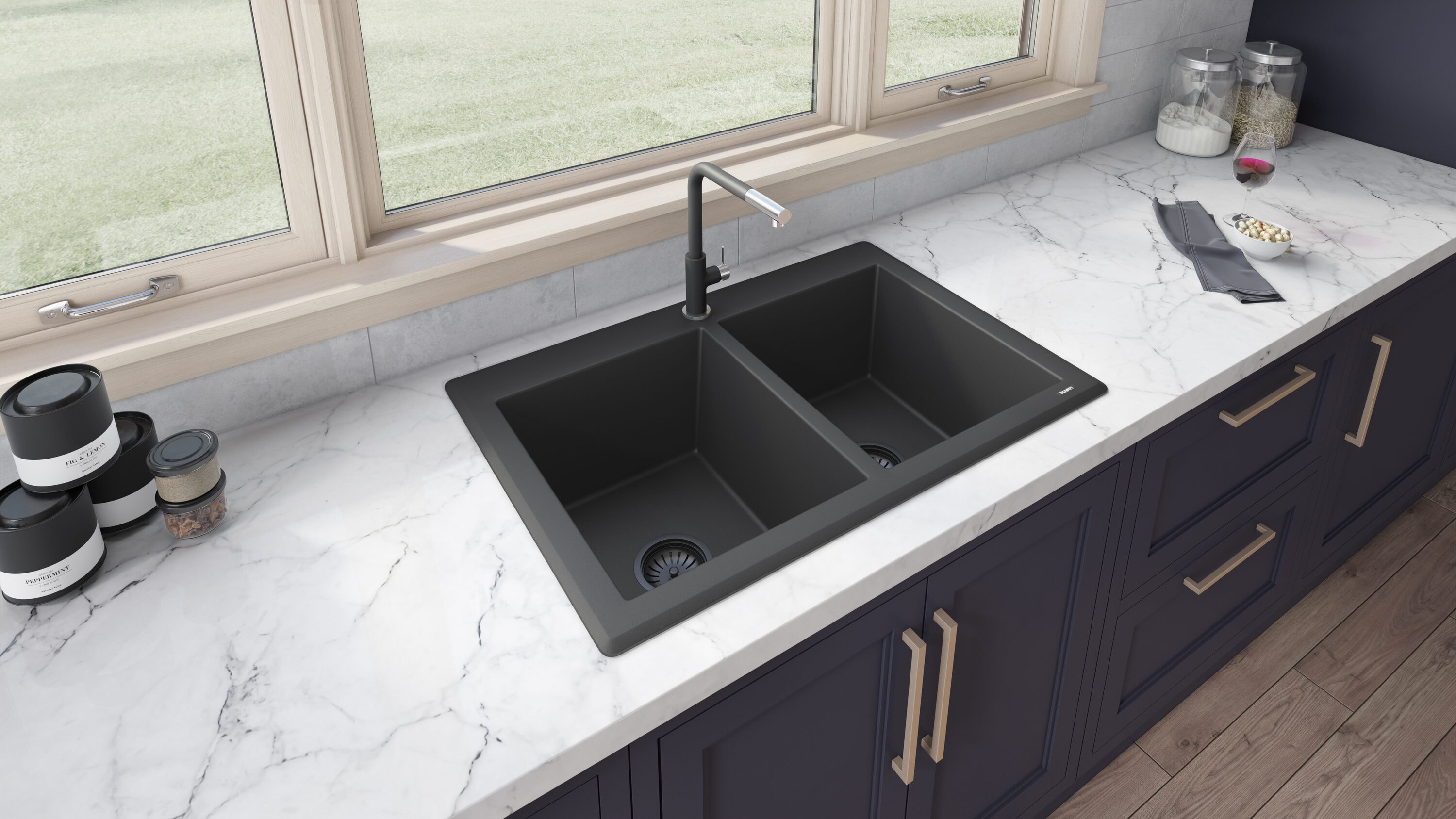 Midnight Black Granite Composite Double Bowl Drop-In Sink