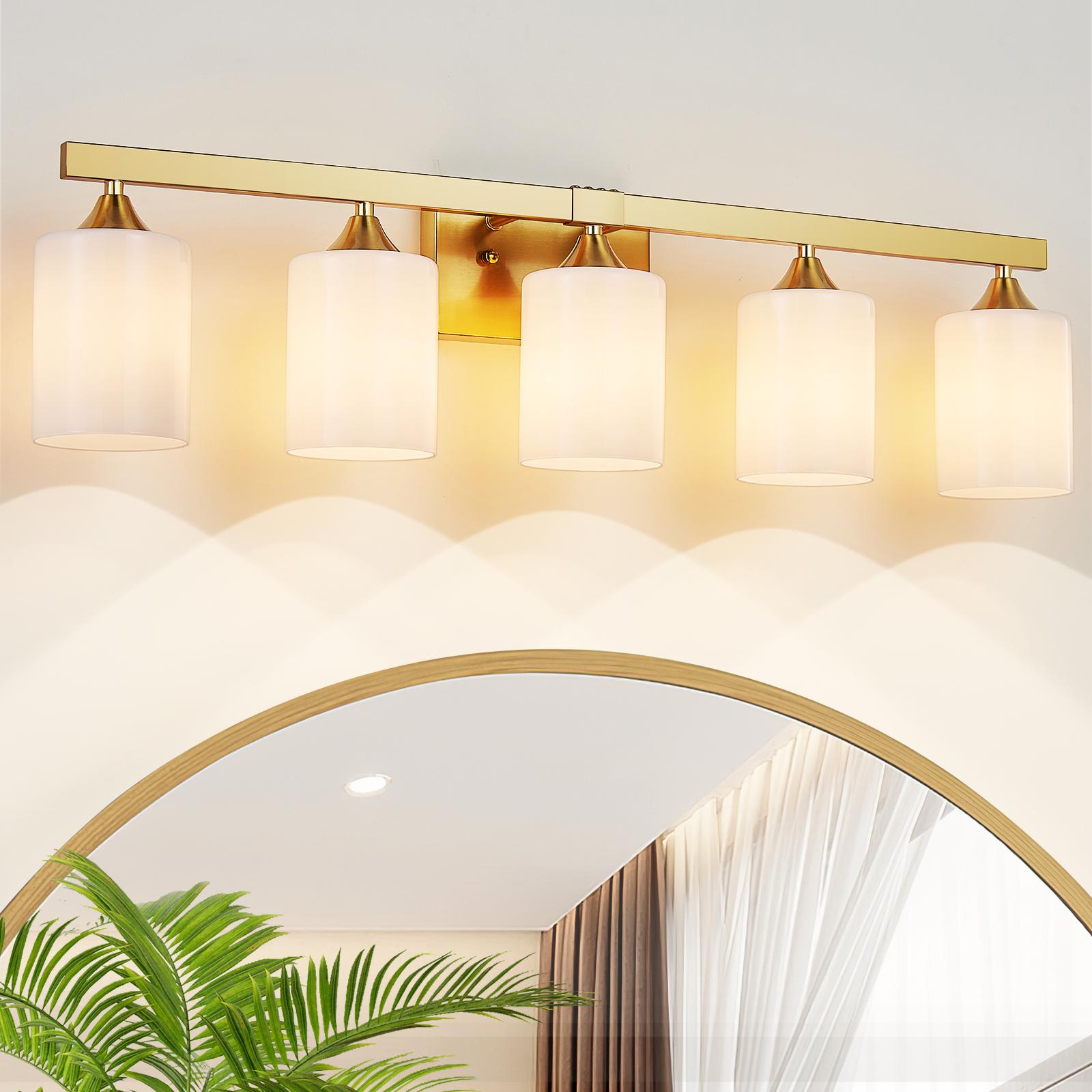 Bayfeve - 30-in 5 Light Brushed Gold Transitional Bathroom Vanity Light with Milk White Glass Sha...