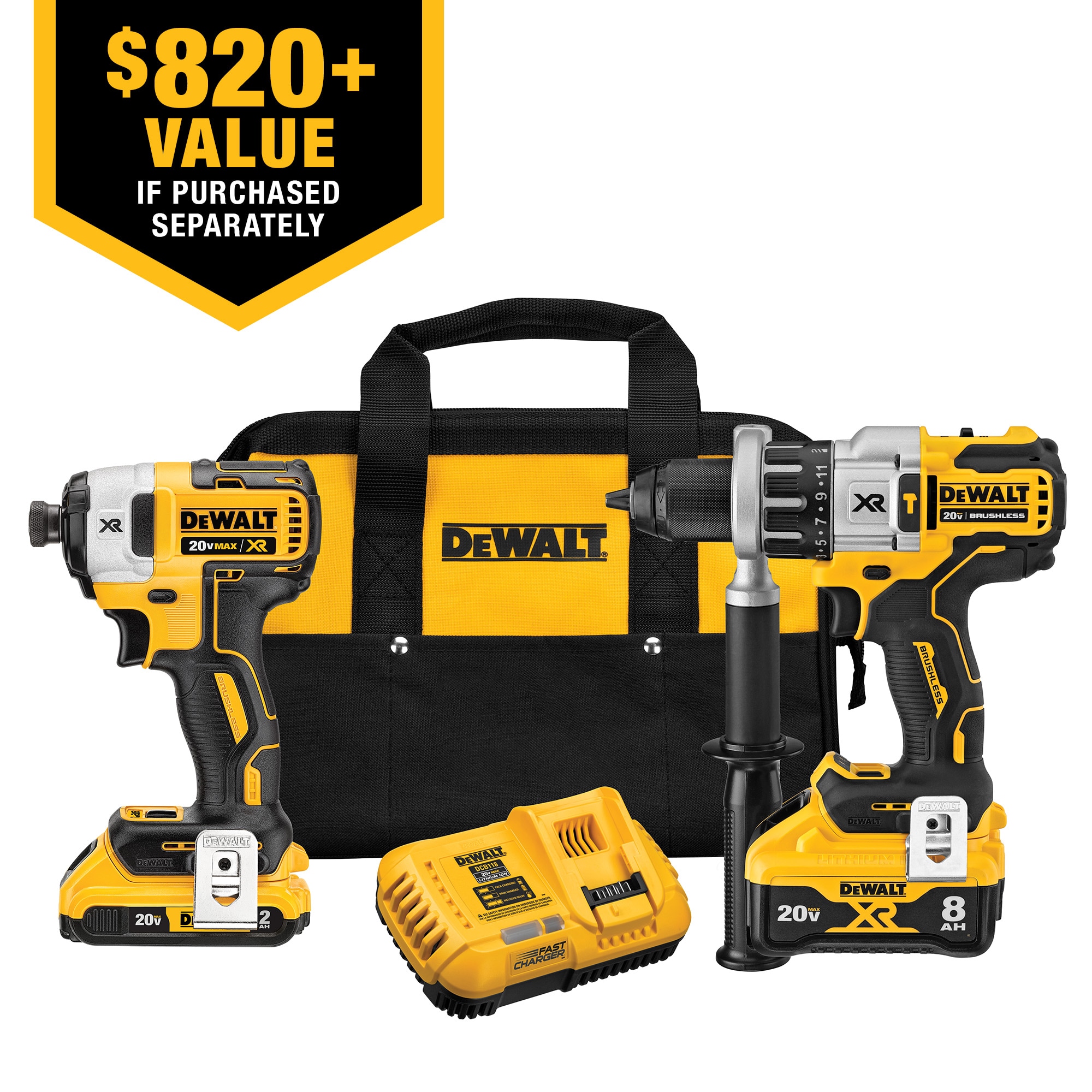 DEWALT Power Detect XR POWER DETECT 2-Tool 20-Volt Max Brushless Power Tool Combo Kit with Soft Case (2-Batteries and charger Included)
