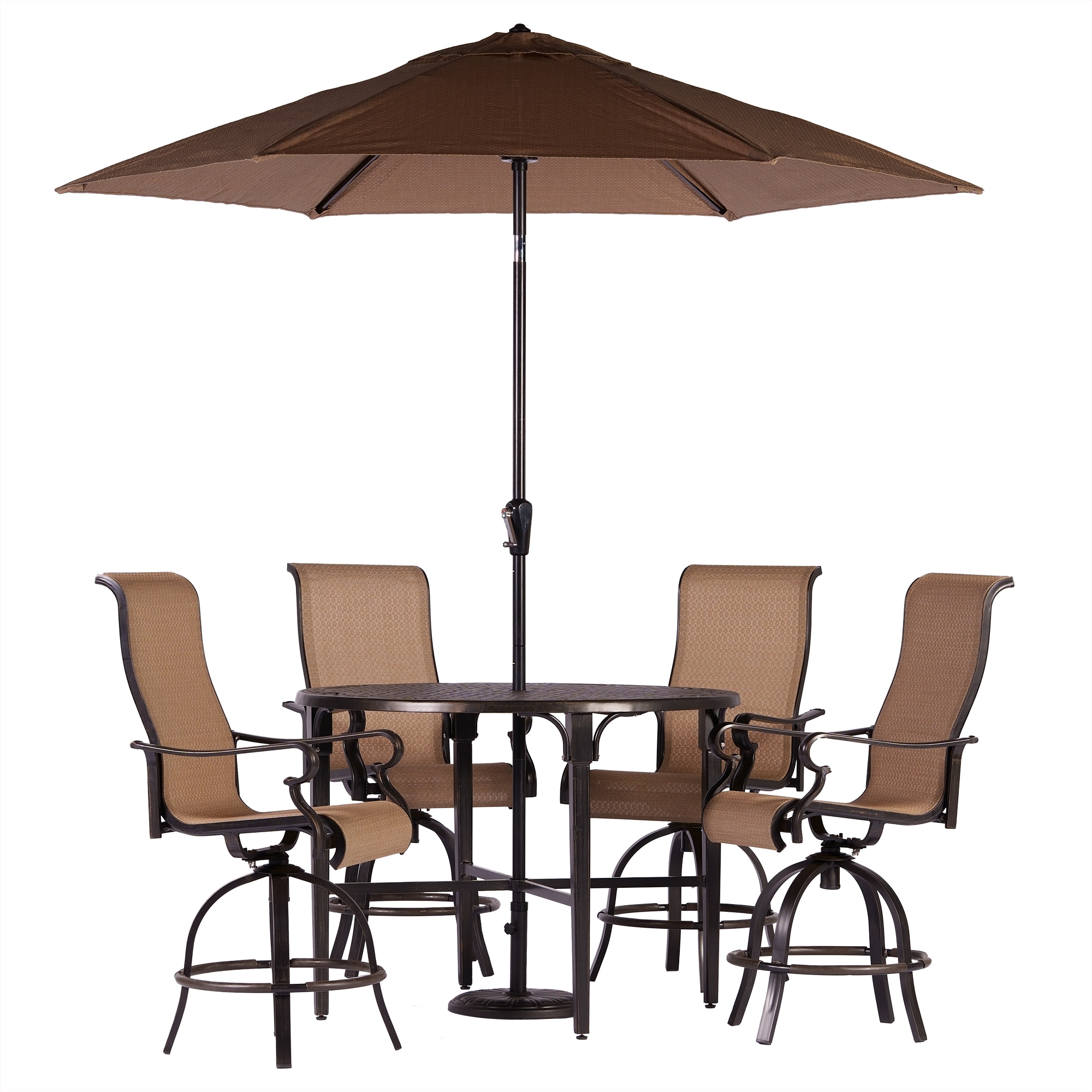 Hanover BRIGDN5PCBR-SU Brigantine with Umbrella 5-Piece Bronze Patio Dining Set with 4 Stationary Chairs