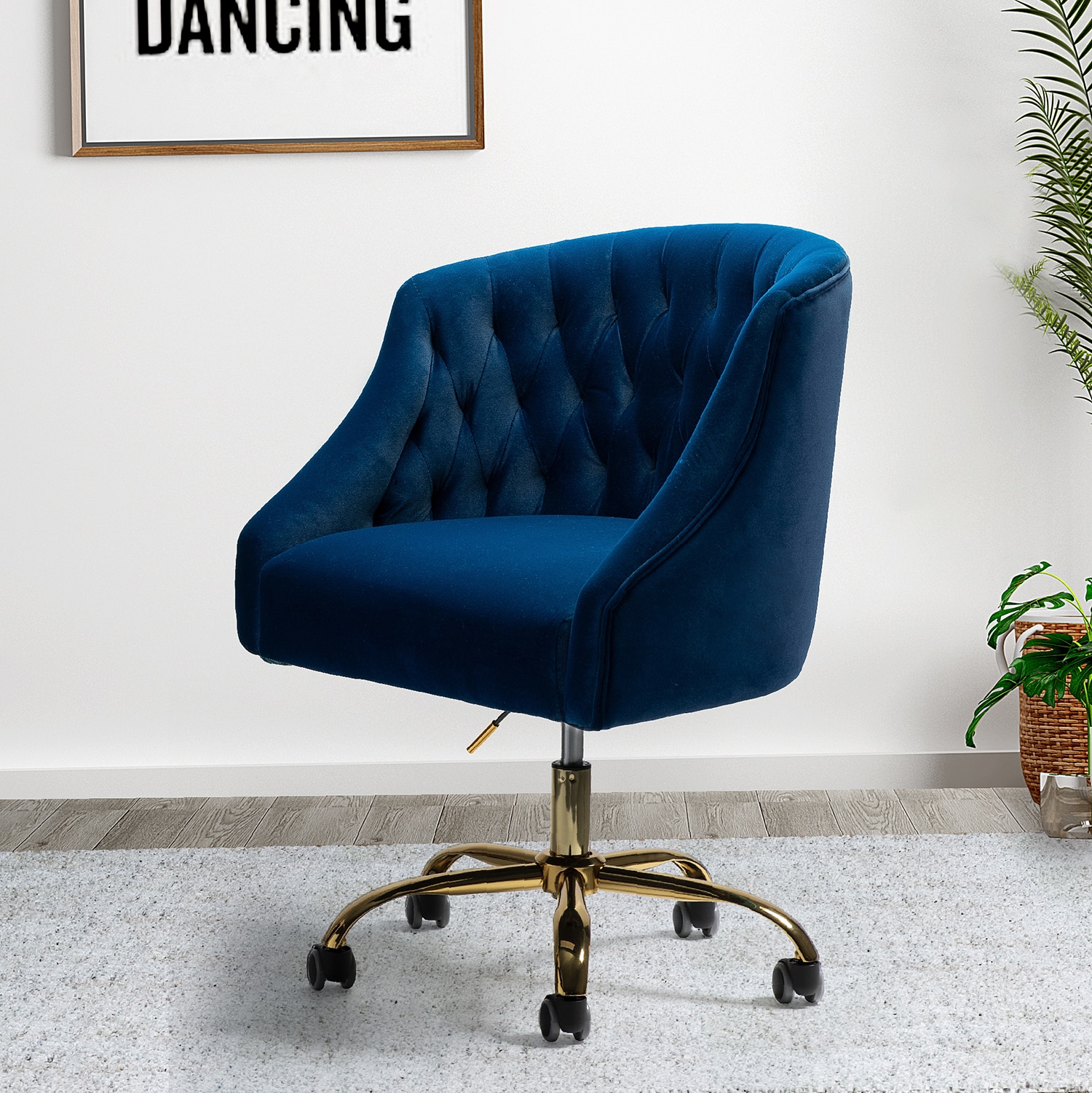 Navy Velvet Ergonomic Swivel Task Chair with Gold Legs