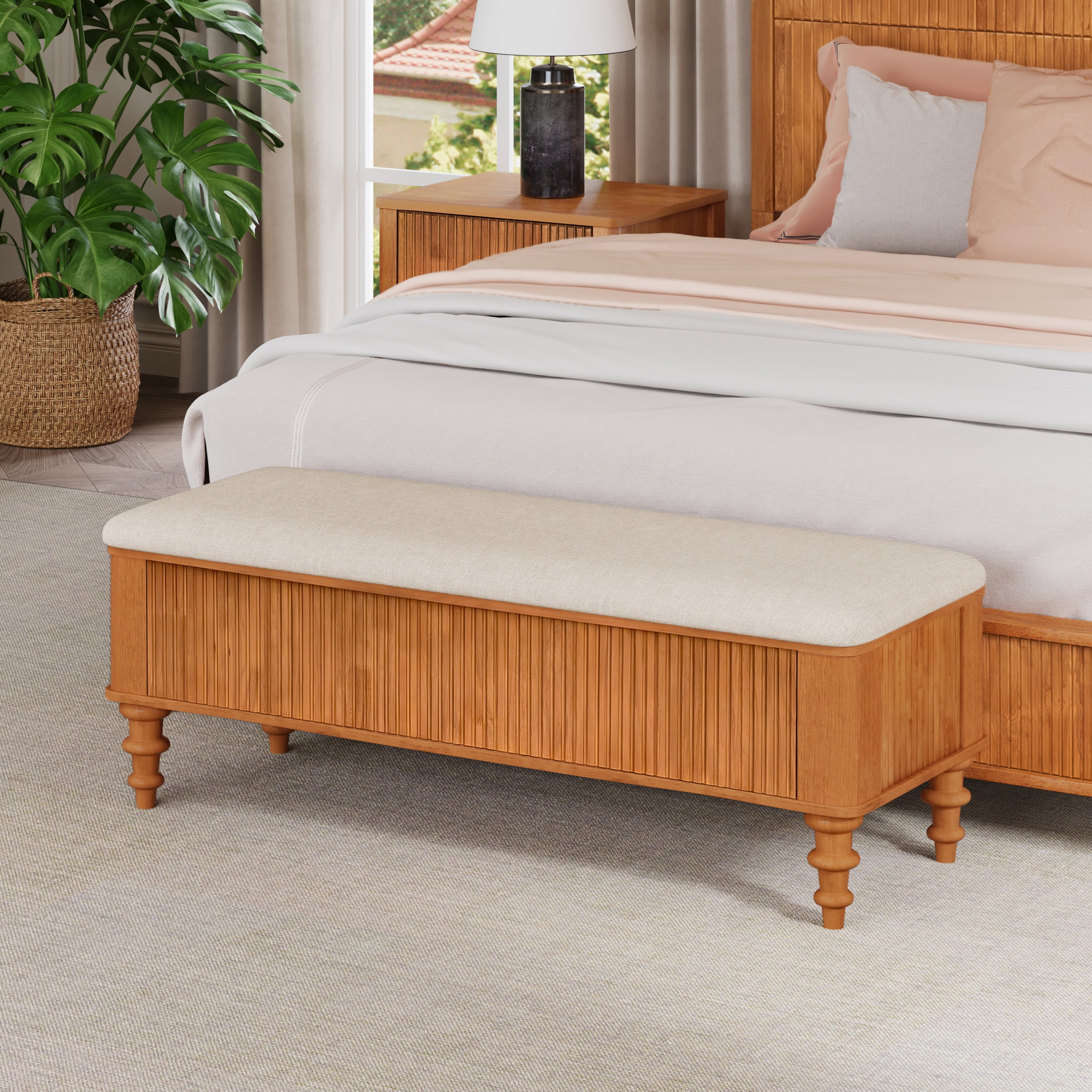 Blisstyle 50.8 Inch Multi-Functional Storage Ottoman Bench Solid Rubberwood Bed End Bench with Linen Seat Storage Bench for Bedroom Entryway Shoe Organizer for Bedroom Living Room Entryway Closet Natural