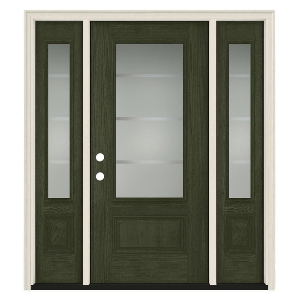 JELD-WEN LOWOLJW231900032 Crosslines 60-in x 80-in Fiberglass 3/4 Lite Right-Hand Inswing Juniper Stained Prehung Front Door with Sidelights with Brickmould Insulating Core