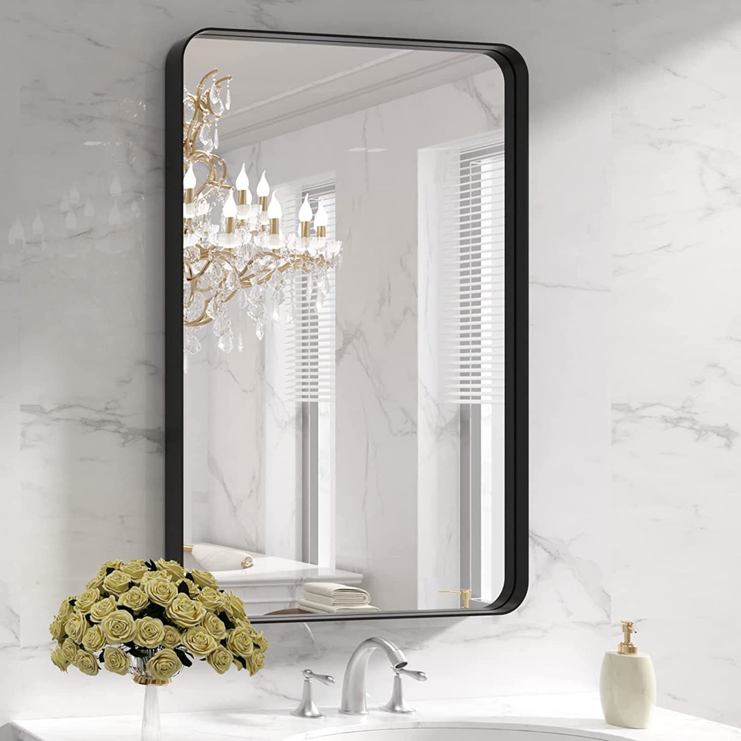 19 in. W x 33 in. H Framed Modern Black Wall Bathroom Mirror with Shelf Hooks