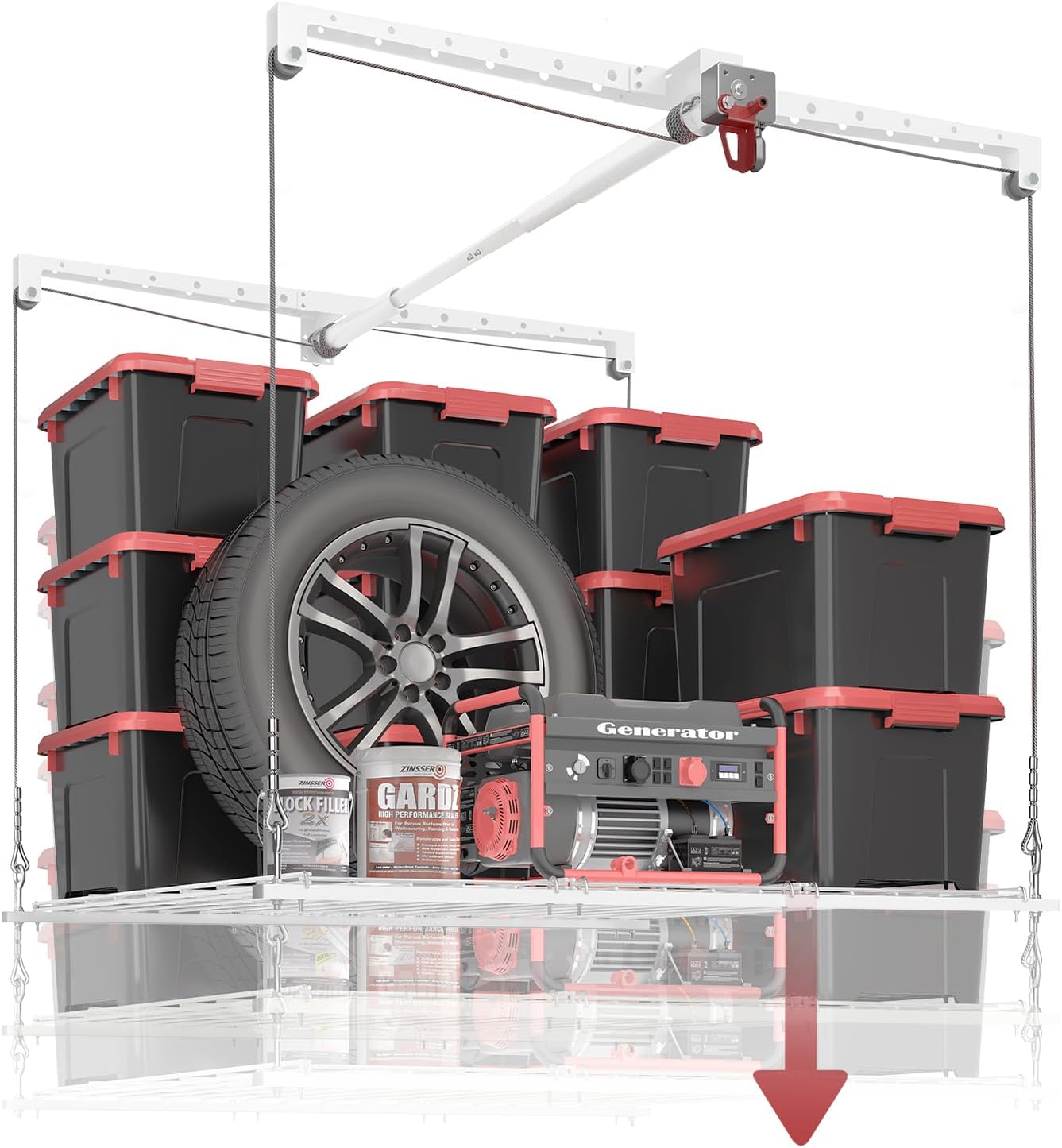 Aoibox  Overhead Garage Storage Rack 4x4 ft Adjustable Ceiling Storage Lift System with Manual Safety Lock 250 lb Capacity 1 Piece White