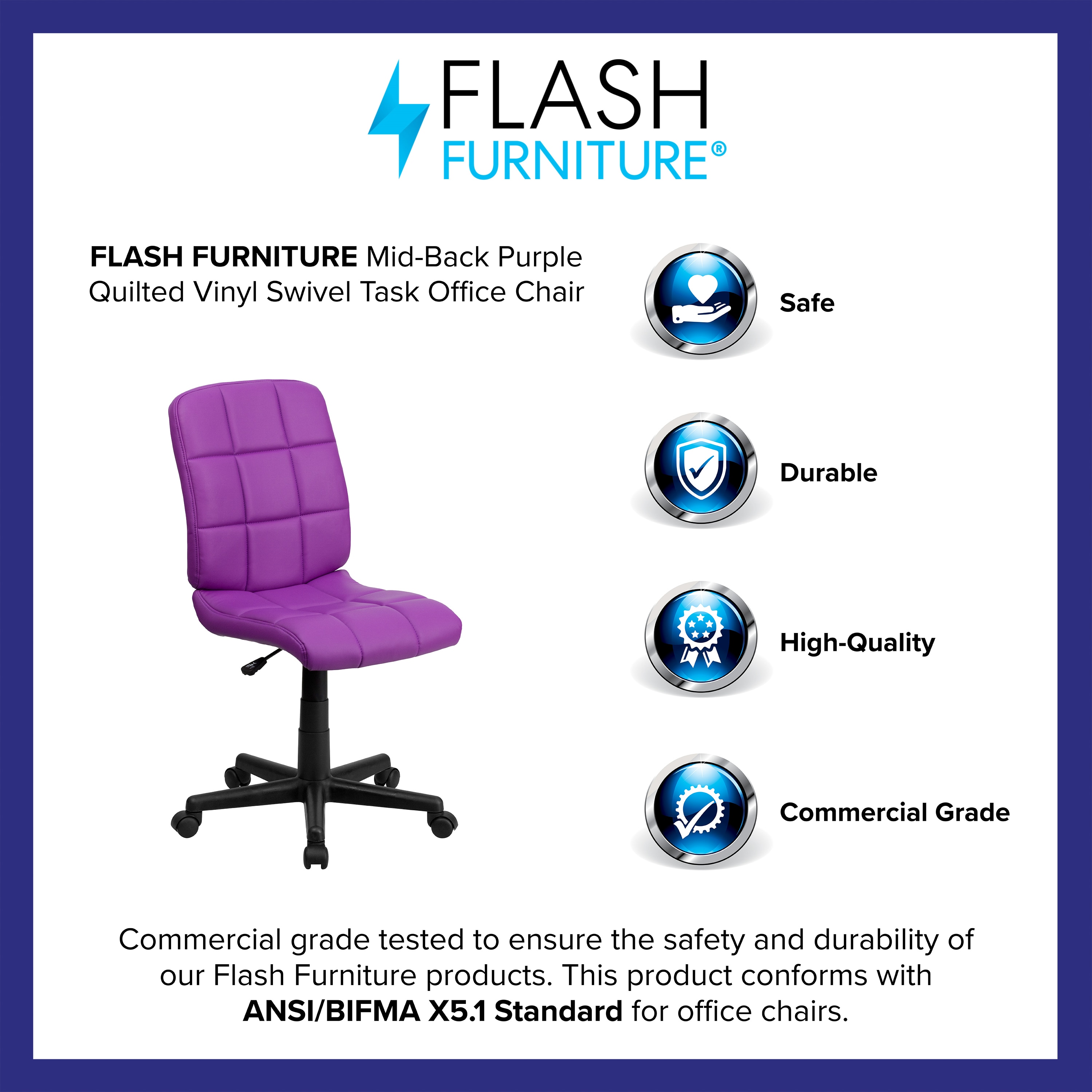 Violet Quilted Vinyl Armless Mid-Back Task Chair