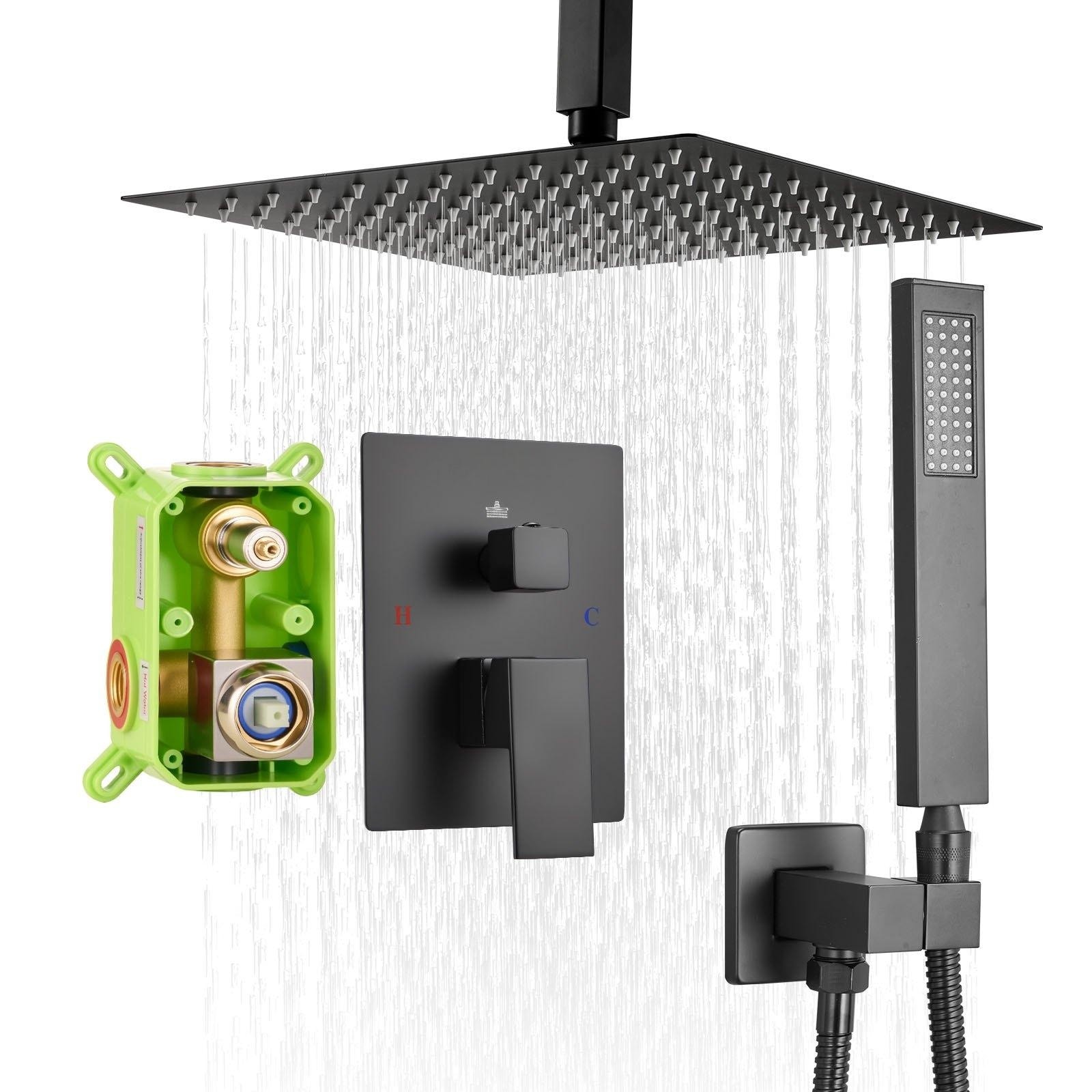 Mecale - 10 in Square Rainfall Shower Faucet Set Ceiling Mount with Handheld Spray Brass Valve Ma...