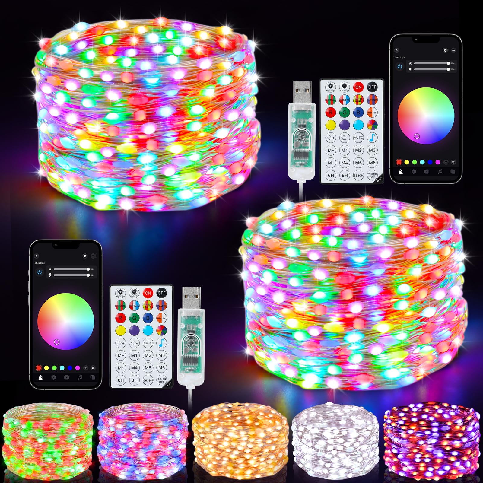 Phewnyzo  Smart Fairy Lights 2 Pack 66Ft 200 LED Twinkle String Lights with Remote and App Control Color Changing USB Christmas Tree Lights Music