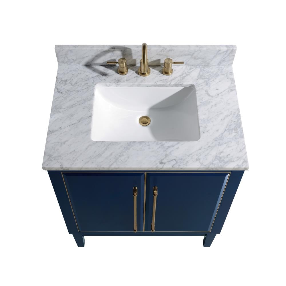 Mason 31" Navy Blue and Gold Solid Wood Vanity with Marble Top
