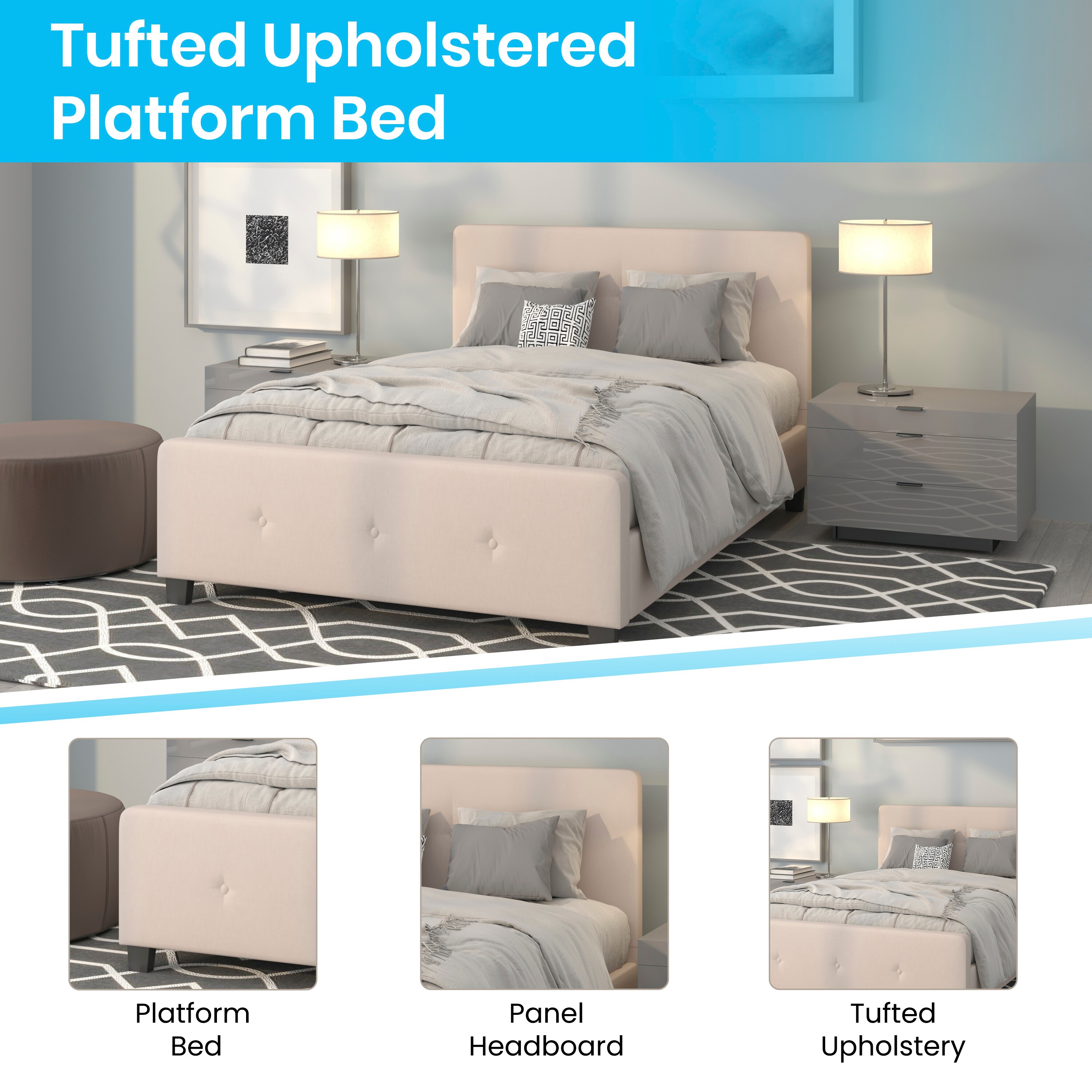 Casual Beige Queen Tufted Upholstered Platform Bed with Metal Frame