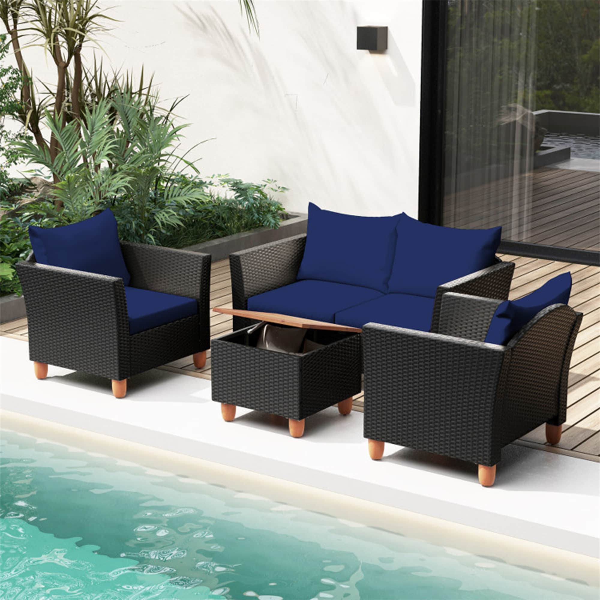 BABOOM BOM-2334WH+-CO 4 Pieces Outdoor Furniture Set 4 -Piece Rattan Patio Conversation Set with Blue Polyester Cushions