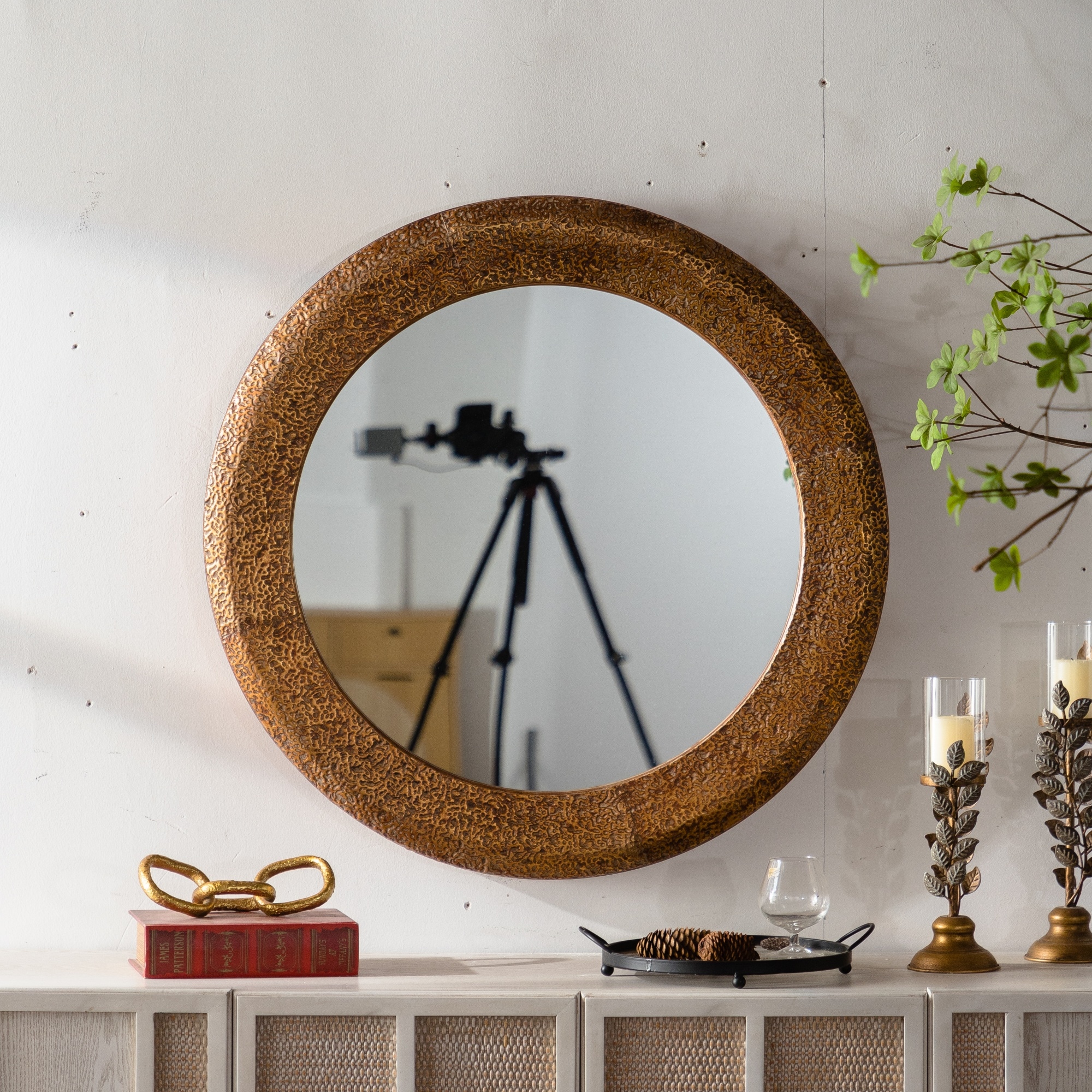 Lirago 31.3 in Hammered Gold Round Wall Mirror Iron Frame and MDF Back ...