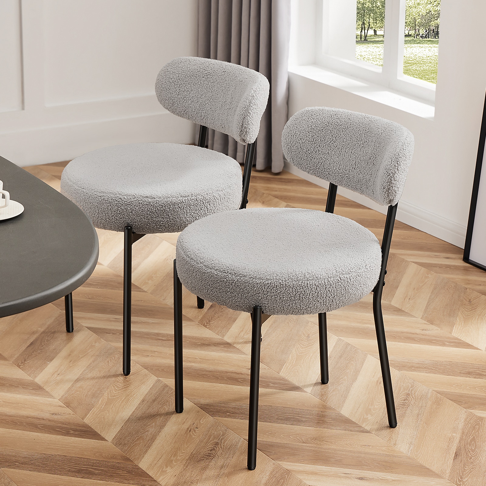 Sweetcrispy - Set of 2 Round Gray Boucle Upholstered Dining Side Chair with Metal Legs for Kitche...