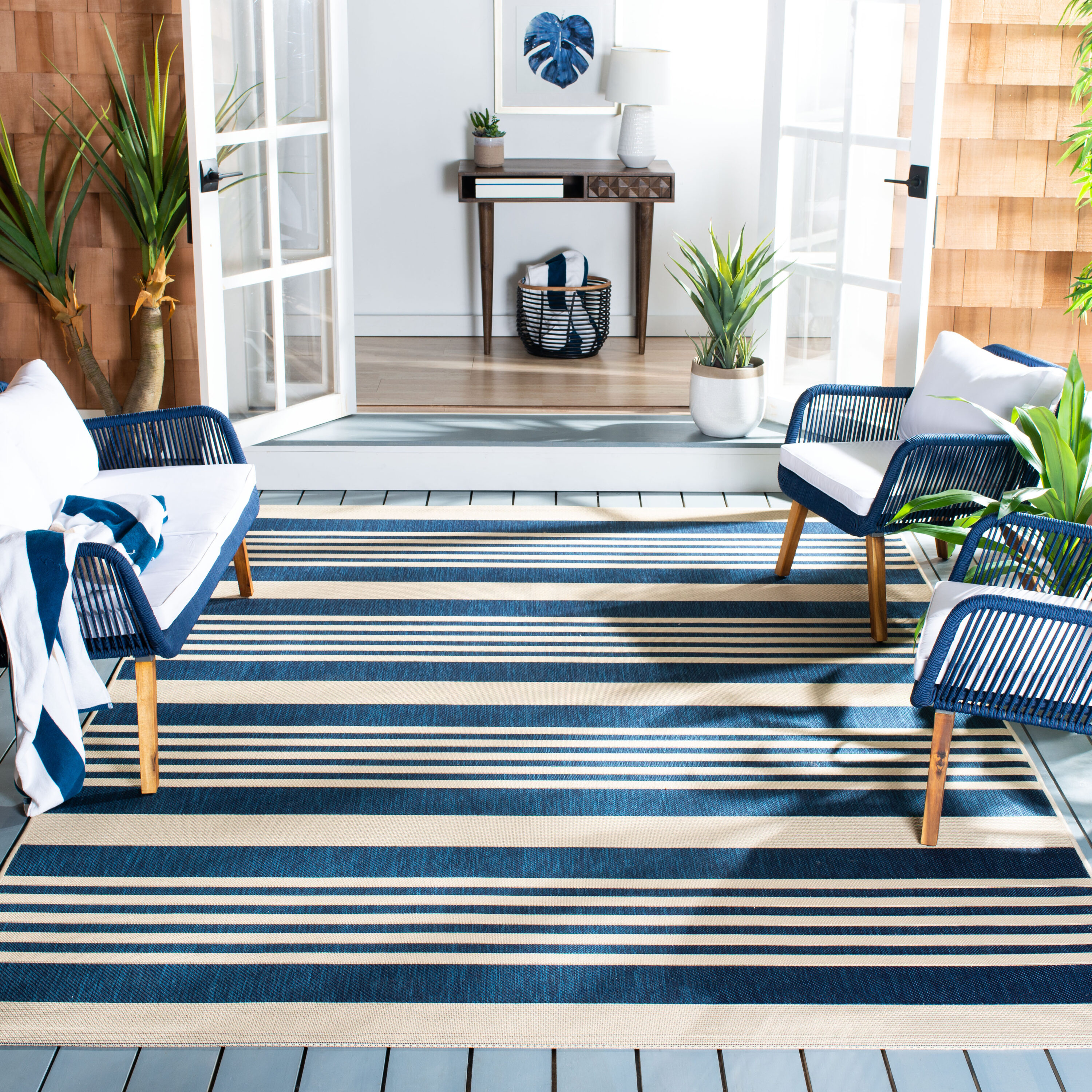 Safavieh CY6062-268-8 Courtyard Dobby 8 x 11 (ft) Loomed Polypropylene Navy/Beige Rectangular Indoor/Outdoor Stripe Coastal Area rug