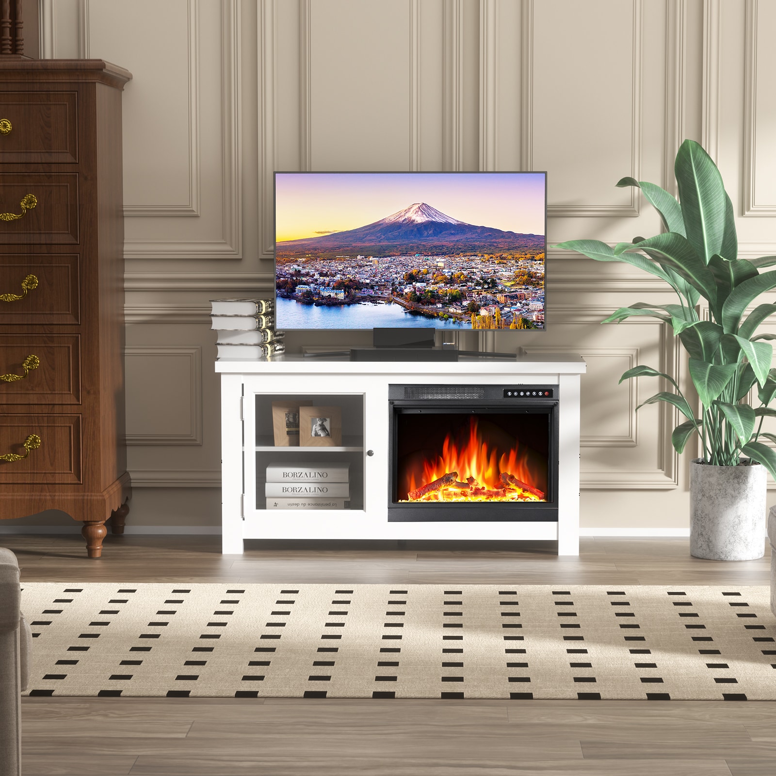 COWSAR LSSM2304W 47.64-Inches W White TV Stand with Infrared quartz Corner or flat wall Electric Fireplace with Remote Control Included
