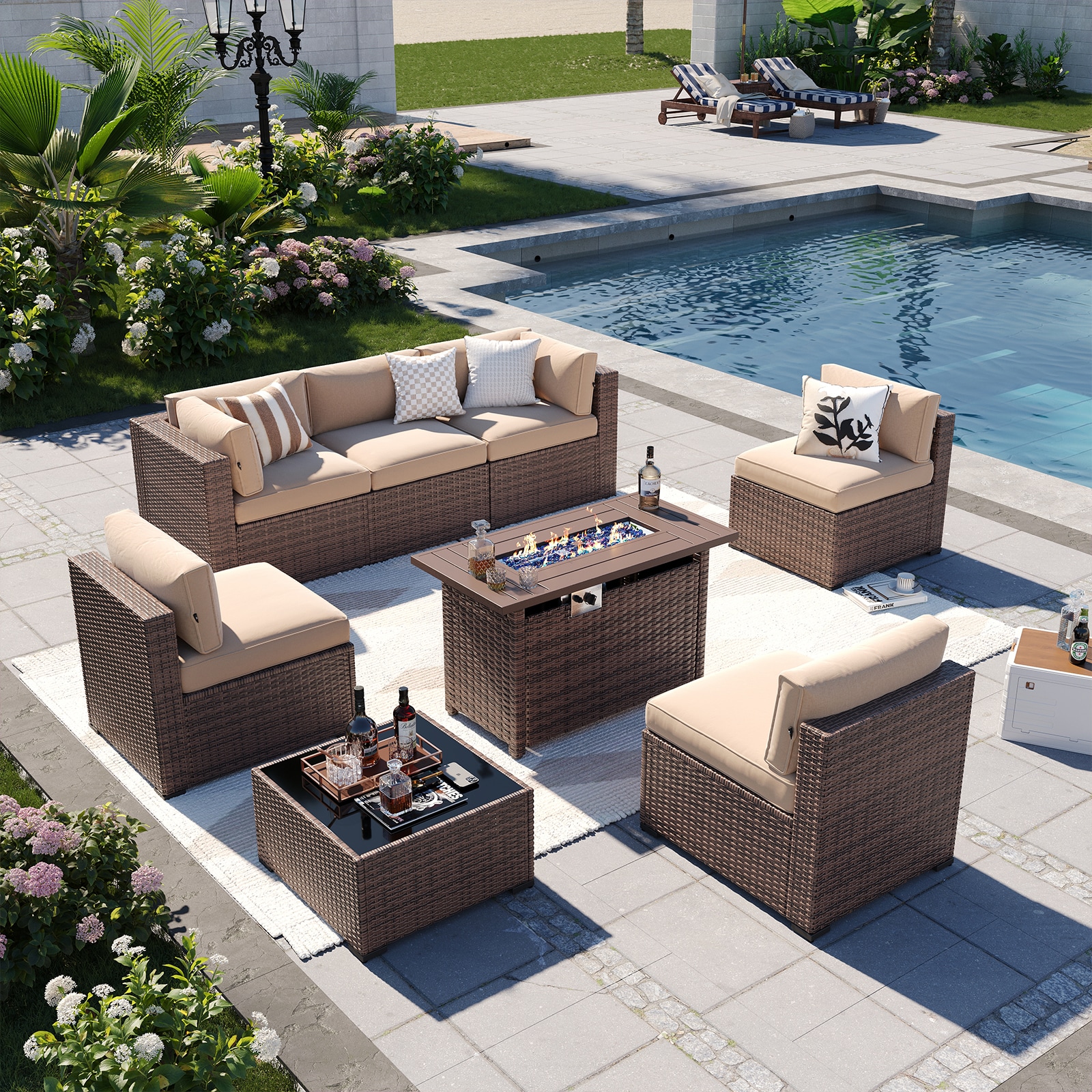 AOXUN PA-120BR03 Patio Conversation Sets 8 -Piece Wicker Patio Sofa Conversation Set with Brown Cushions