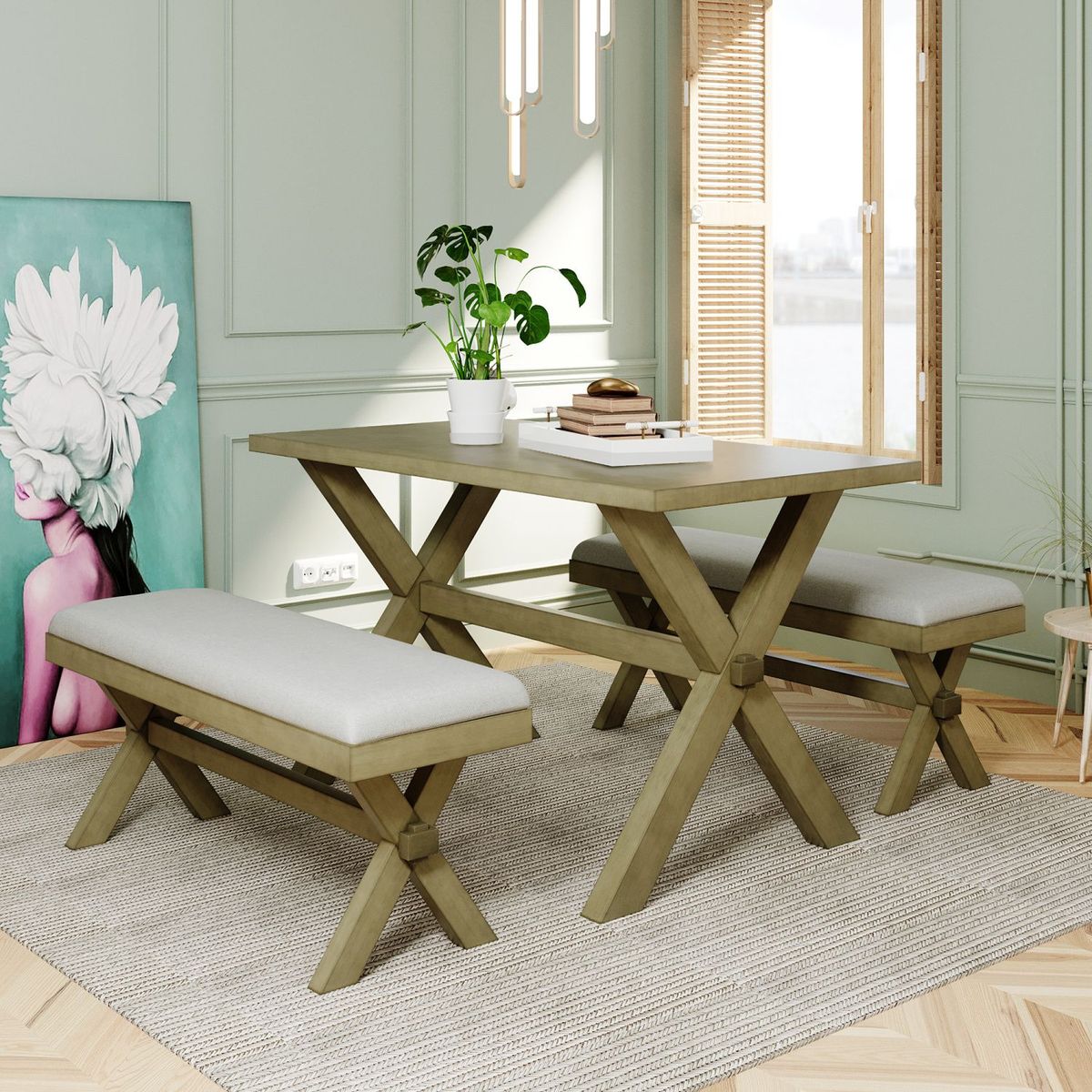 JASMODER SH000166AAB 3 Pieces Farmhouse Rustic Wood Kitchen Dining Table Set With 2 Upholstered Benches, Gray Green