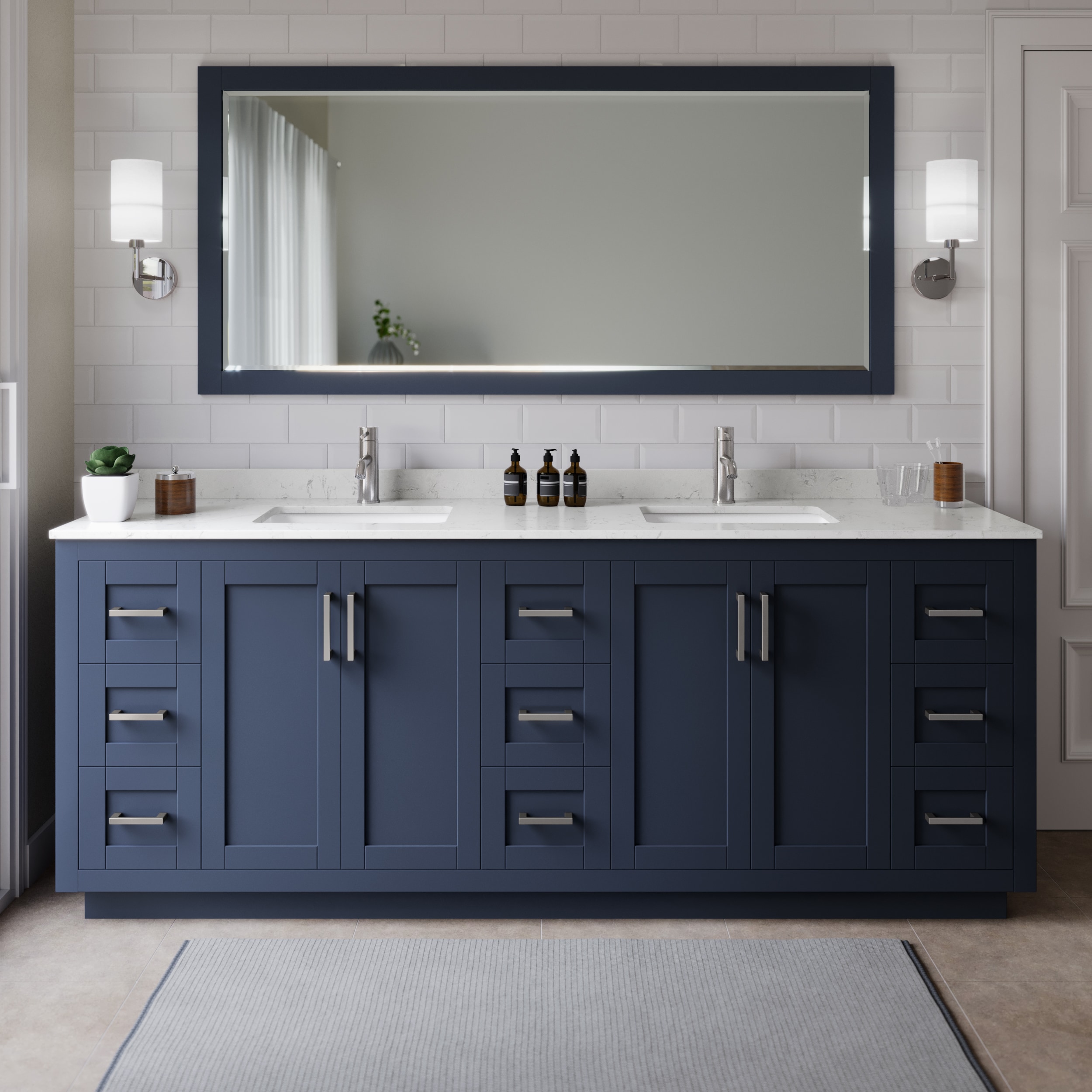 Wyndham Collection WCF292984DBNC2UNSMXX Miranda 84-in Dark Blue with Brushed Nickel Trim Undermount Double sink Bathroom Vanity with Carrara Cultured Marble Cultured marble Top