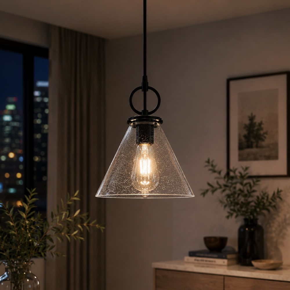 Henveton Jasslynn 9.05 in. Industrial Black Pendant Light with Seeded Glass Cone Hanging Light for Kitchen Island Dining Room