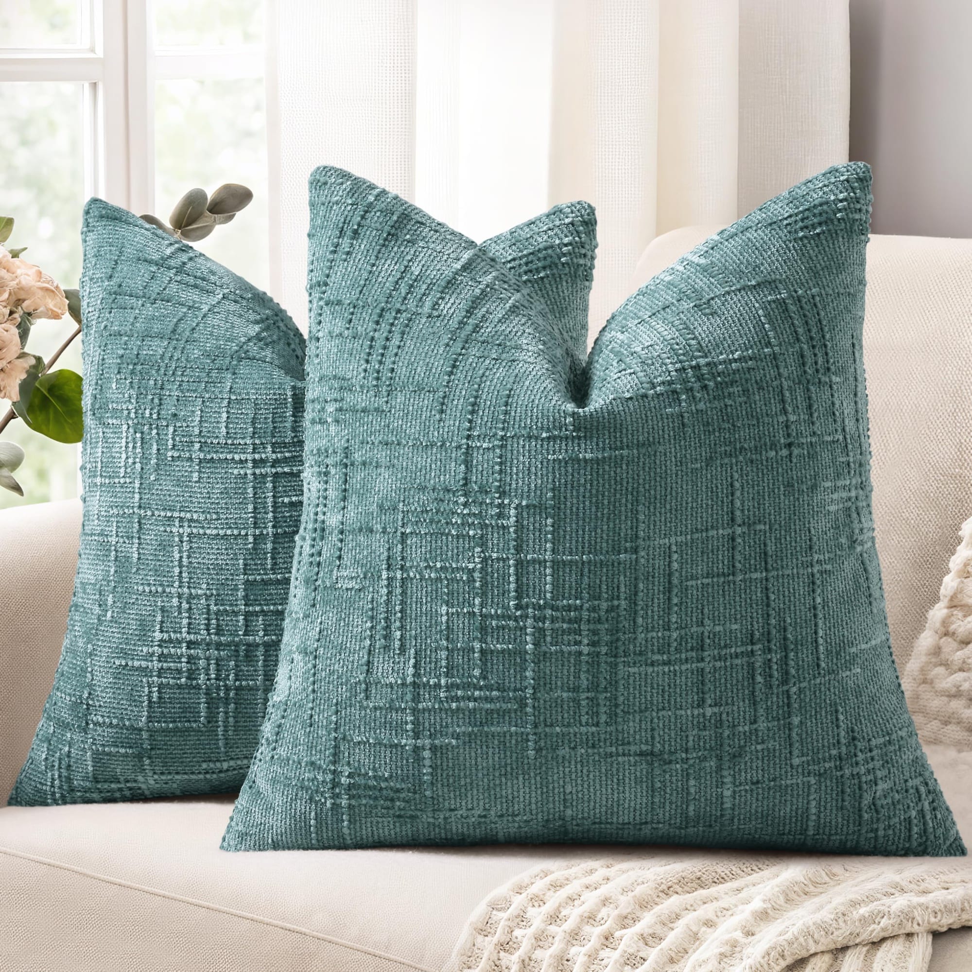Phewnyzo  Teal Chenille Throw Pillow Covers Set of 2 18 x 18 Inch Textured Soft Cozy Decorative Pillow Cases for Sofa Bed Living Room Modern
