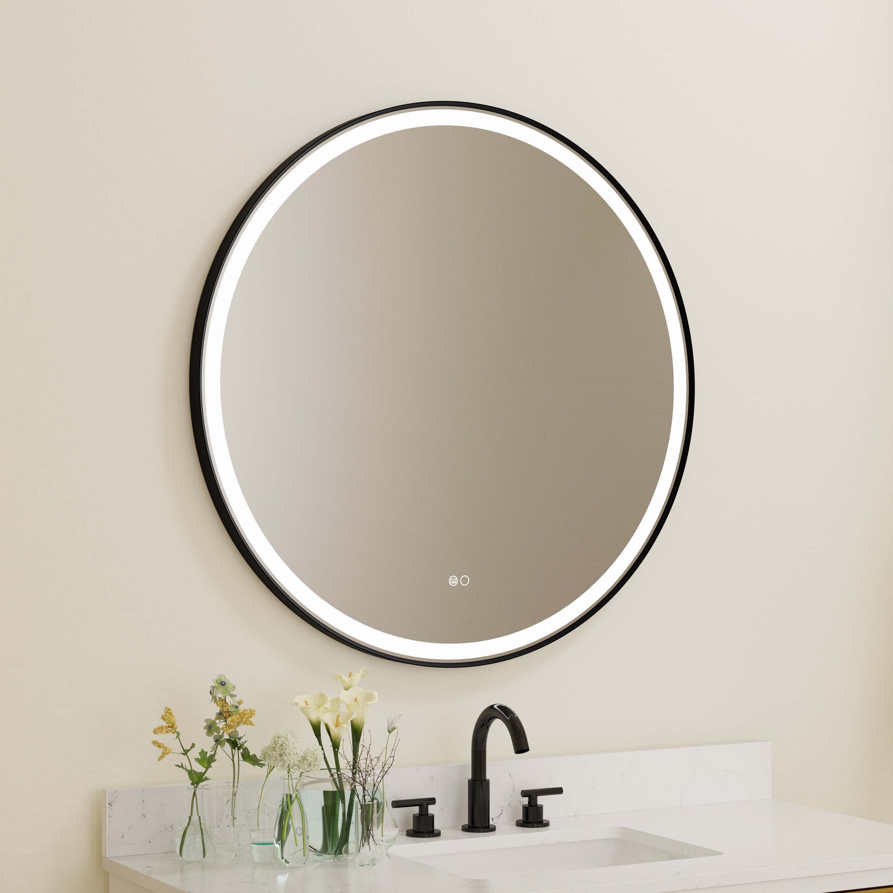 ANGELES HOME -  36-in x 36-in Aluminum Framed Round LED Bathroom Mirror with  Fog Free (Matte Black)