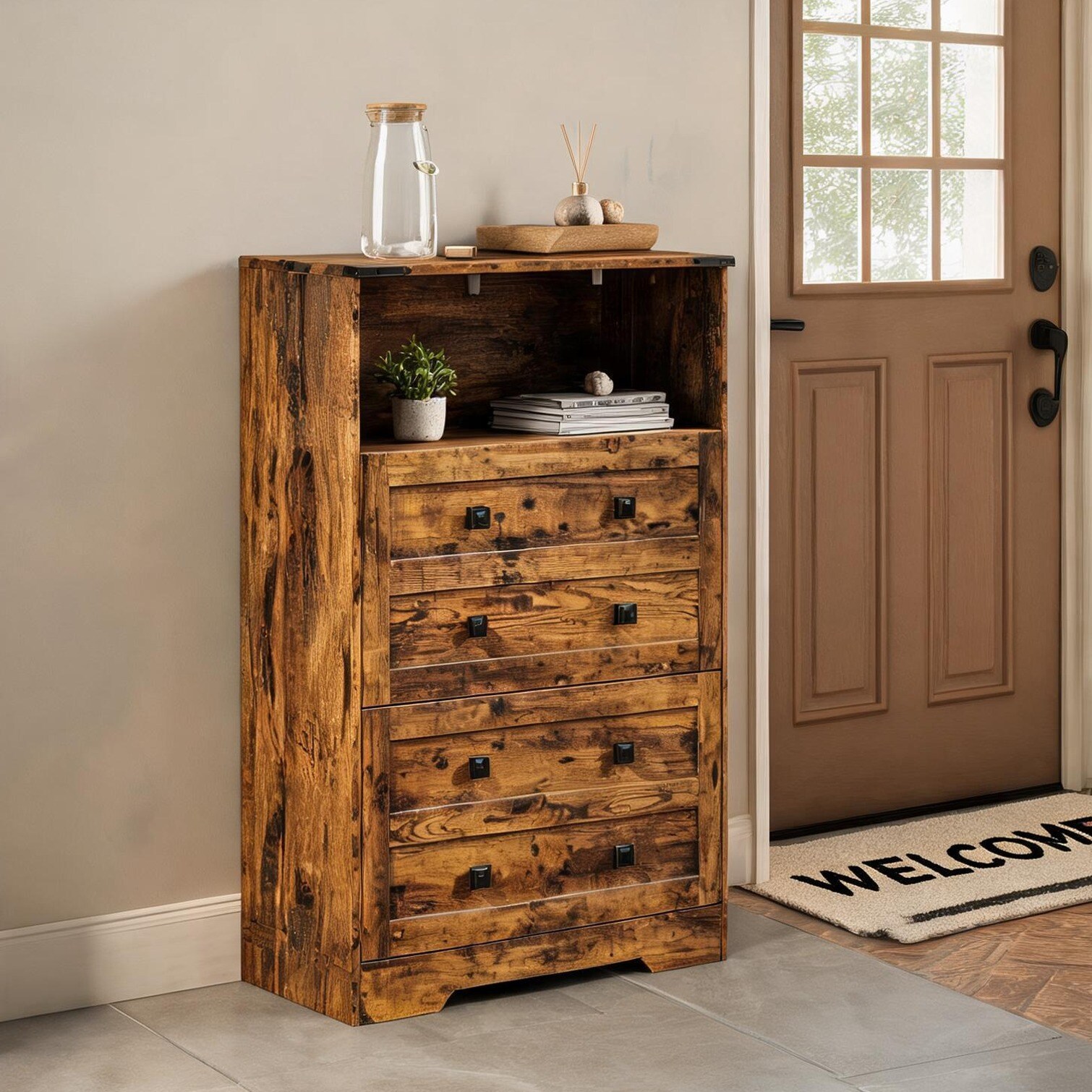 chillscreamni Two-Drawer Freestanding Shoe Cabinet in Classic Brown 31.5 Wide Particleboard Entryway Storage with Open Shelf