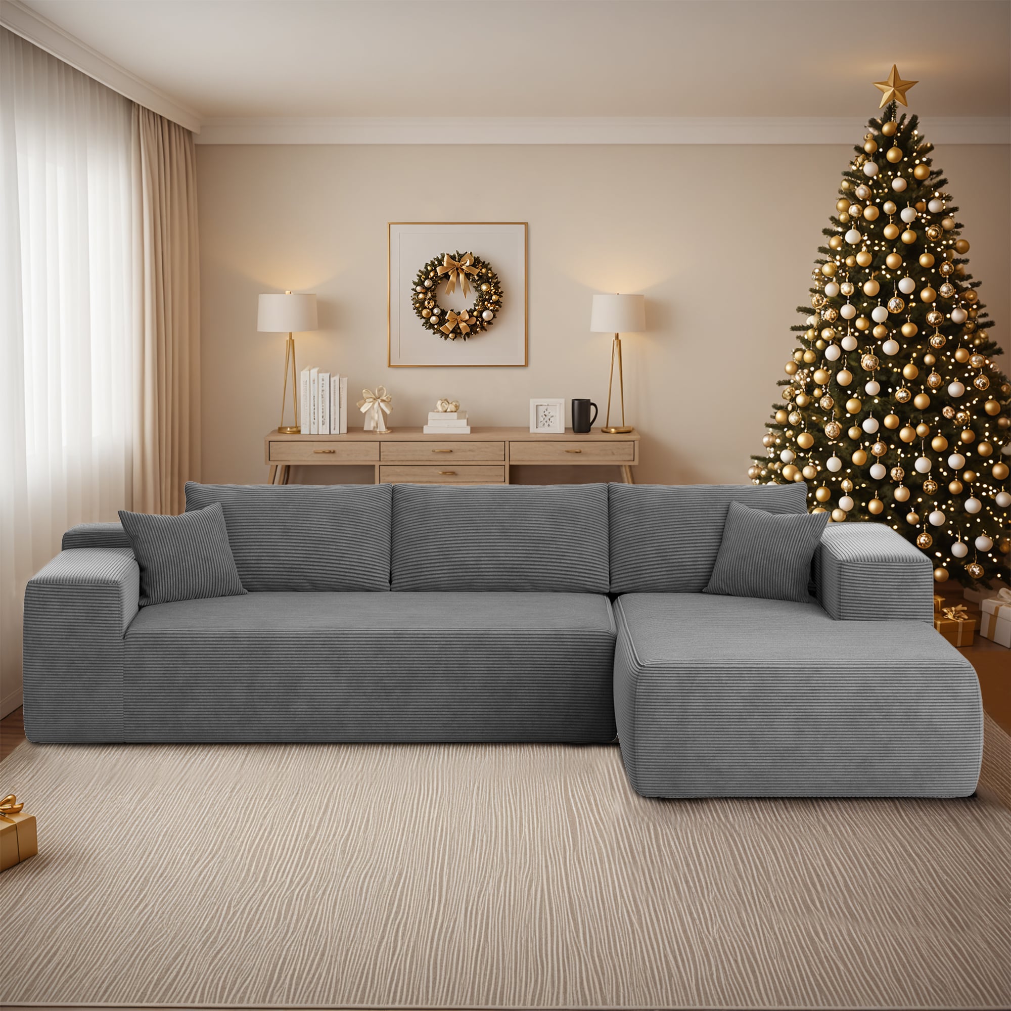 Pouuin SVIVI-900R 106.2-Inches Casual Gray Corduroy 3 -seater Sectional